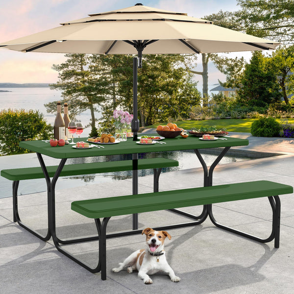 DWVO 6FT Picnic Table, Heavy Duty Outdoor Picnic Table and Bench w/Umbrella Hole, Resin Tabletop & Stable Steel Frame Ideal for Yard Patio Lawn Party, Green