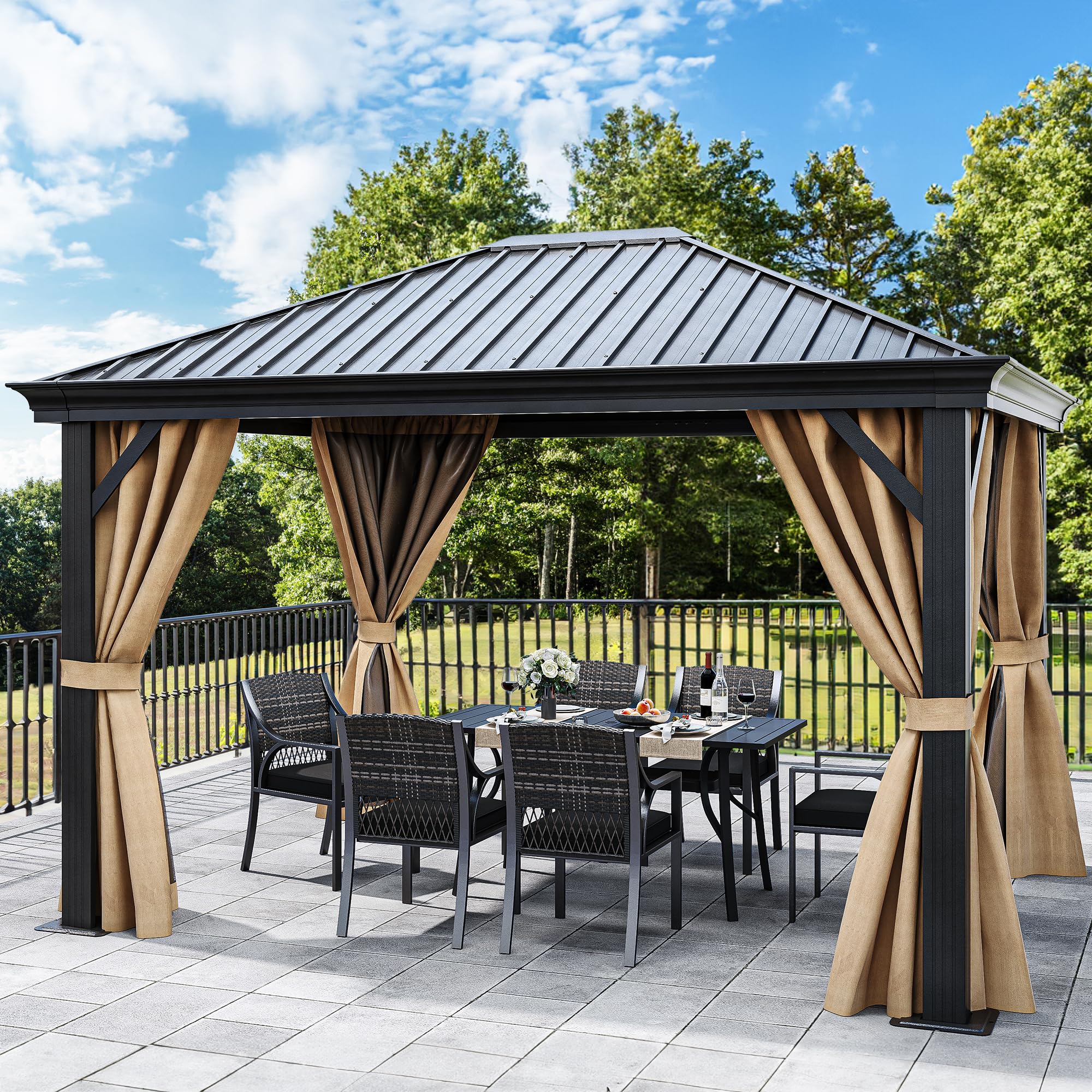 YITAHOME 10X12FT Hardtop Metal Gazebo Single Top Outdoor Patio Canopy Galvanized Iron Aluminum Column Garden Tent Curtains Netting for Backyards Decks Lawns,Brown