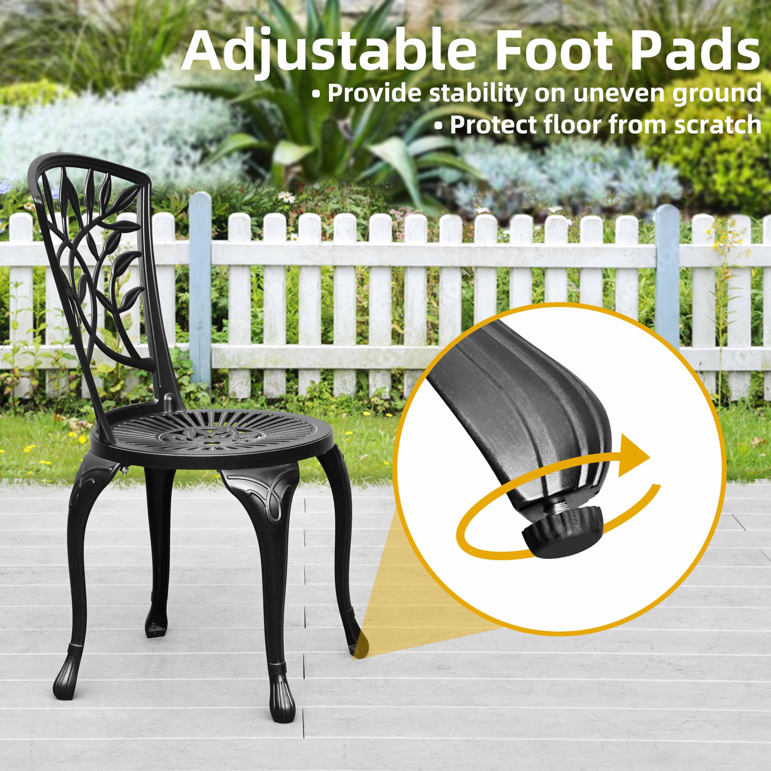 DWVO Outdoor Cast Aluminum Outdoor Chairs Set of 2, All-Weather Patio Dining Chair with Adjustable Feet for Balcony, Backyard, Deck, Garden, Black