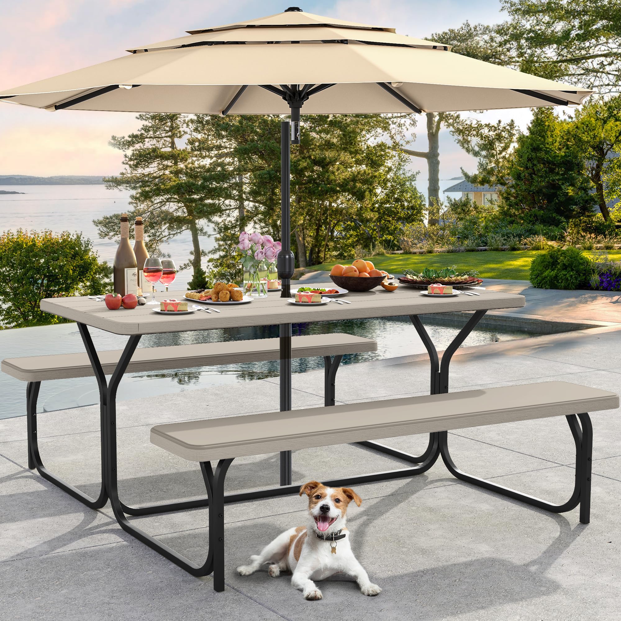 DWVO 6FT Picnic Table, Heavy Duty Outdoor Picnic Table and Bench w/Umbrella Hole, Resin Tabletop & Stable Steel Frame Ideal for Yard Patio Lawn Party, Light Brown