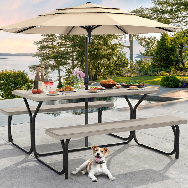 DWVO 6FT Picnic Table, Heavy Duty Outdoor Picnic Table and Bench w/Umbrella Hole, Resin Tabletop & Stable Steel Frame Ideal for Yard Patio Lawn Party, Light Brown