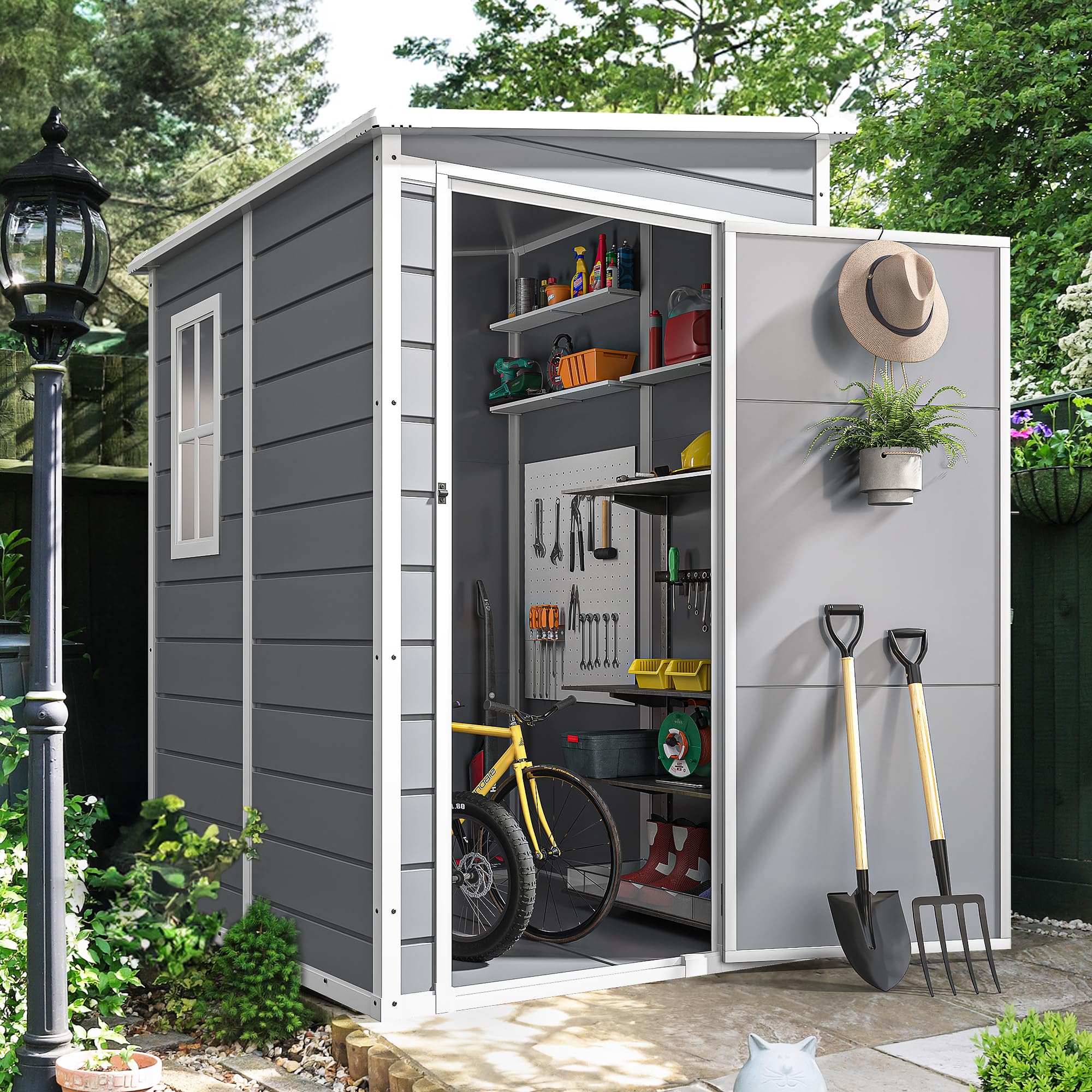 DWVO 5x4ft Resin Outdoor Storage Shed with Floor, Large Waterproof Lockable Storage Shed with Window, Plastic Outside Tool Storage for Garden, Backyard, Patio, Lawn, Gray