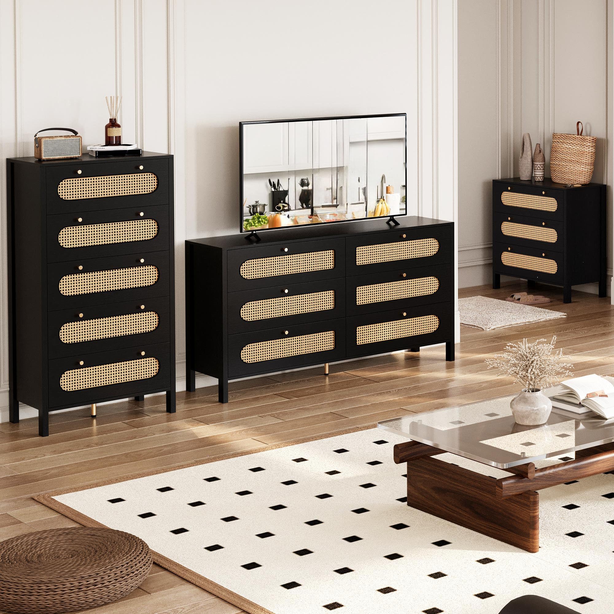 DWVO Buffet Cabinet Rattan - Storage with 6 Wood Storage Closet Dressers Chest - Coffee Bar with Drawer-Accent with Golden Handles for Living Room/Dining Room/Entryway-Black