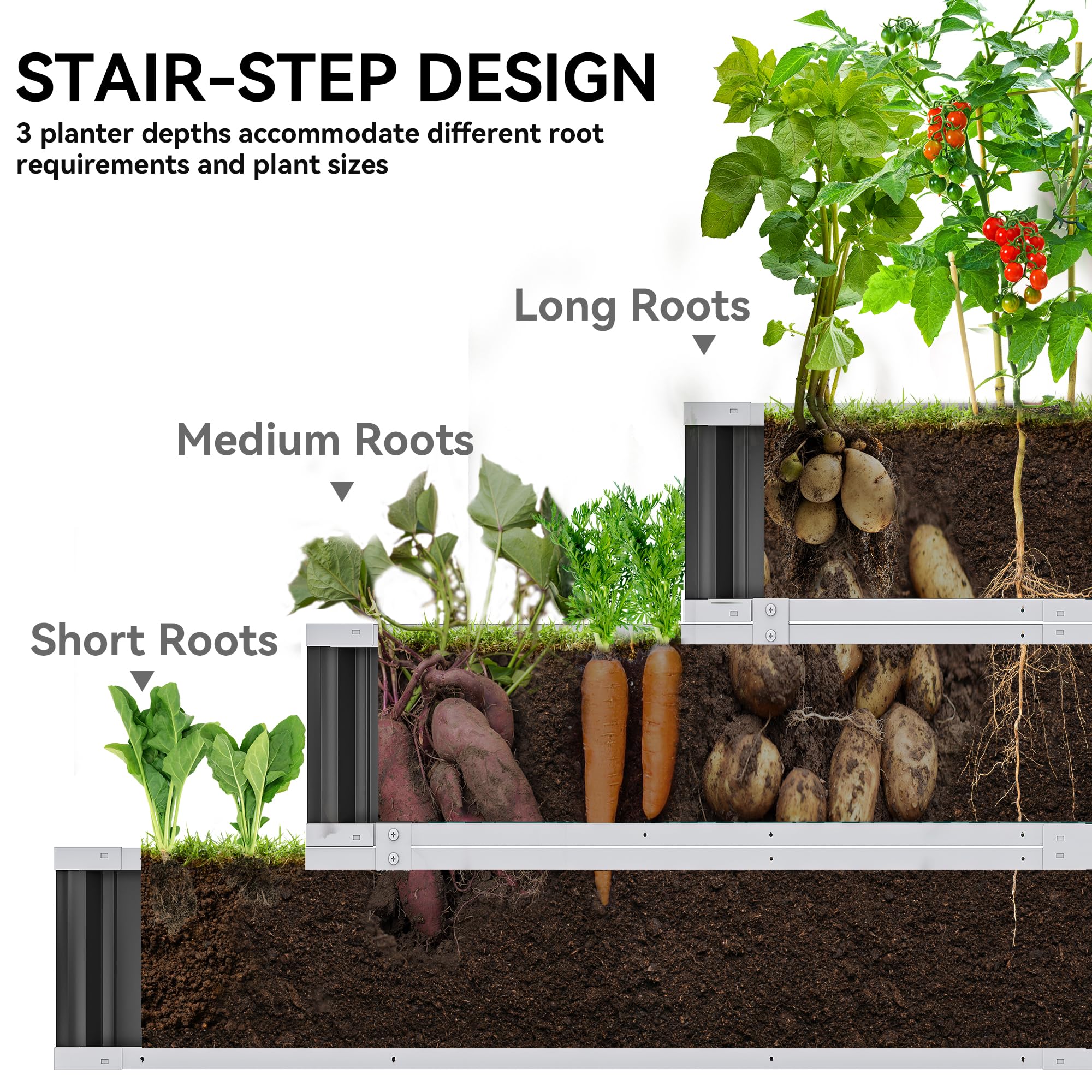 YITAHOME 4x4x2FT 3 Tiers Large Raised Garden Bed, 3 Installation Methods for DIY Outdoor Metal Patio Planter Box with Gloves and Reinforced Frame for Deep-Rooted Plants Vegetables Flowers (Dark Gray)