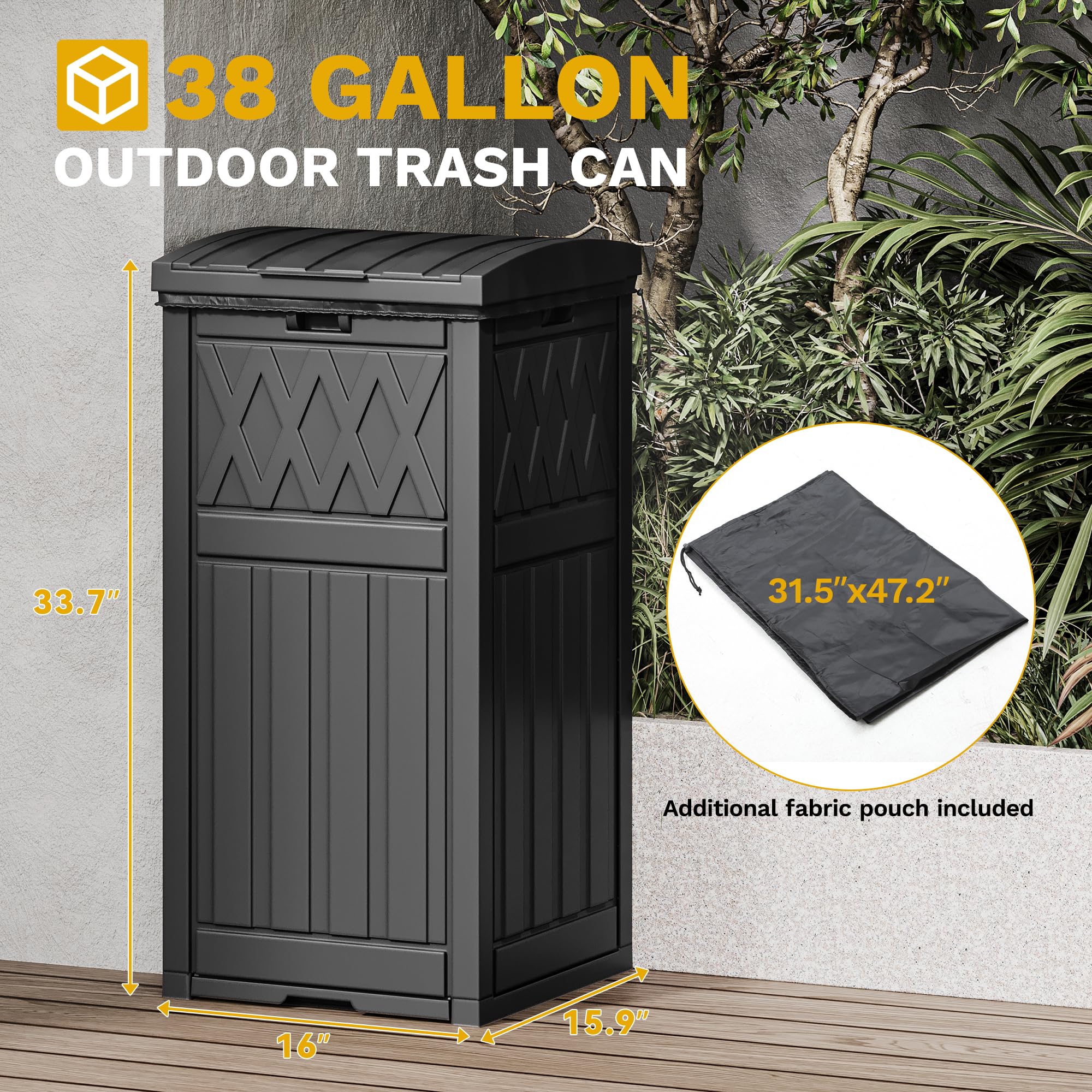 DWVO 36-Gallon Outdoor Trash Can with Fabric Bag, Tiered Lid & Drip Tray, Waterproof Resin Garbage Bin for Patio, Deck, and Backyard, Black