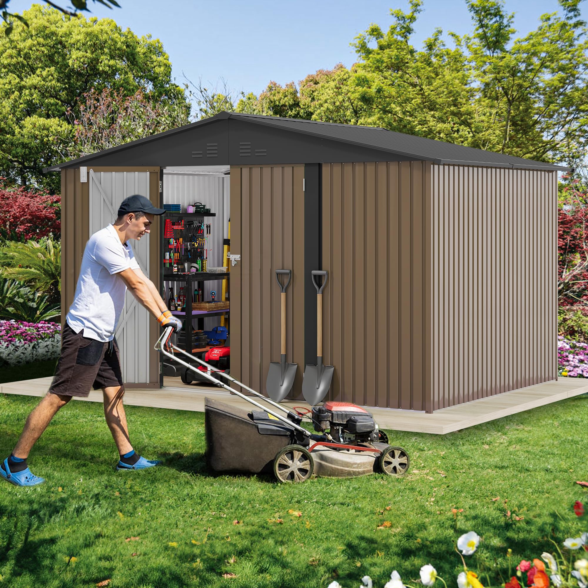 DWVO 10'x8' Large Metal Outdoor Storage Shed, Heavy Duty Tool Storage Sheds for Backyard Patio Lawn - Ideal for Bicycles, Garden Tools, and Lawn Equipment, Easy-to-Assemble, Brown