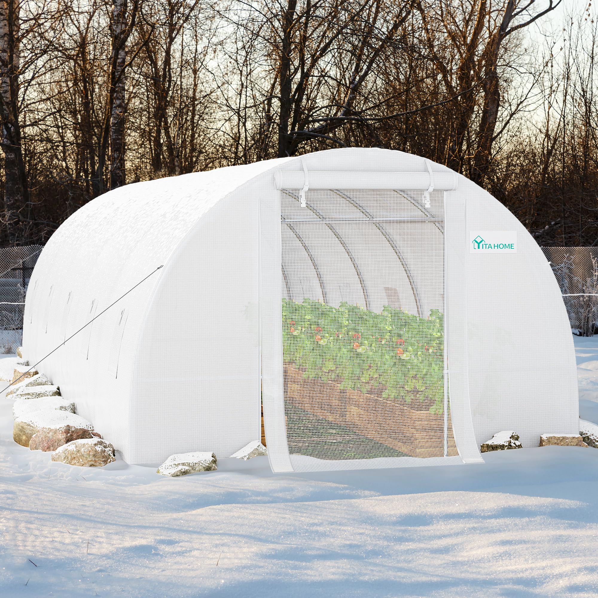YITAHOME 26'x10'x6.5' Greenhouses Heavy Duty Large Greenhouses Walk in Green Houses Tunnel Green House Outdoor Gardening Upgraded Galvanized Steel Ropes Zipper Doors, White
