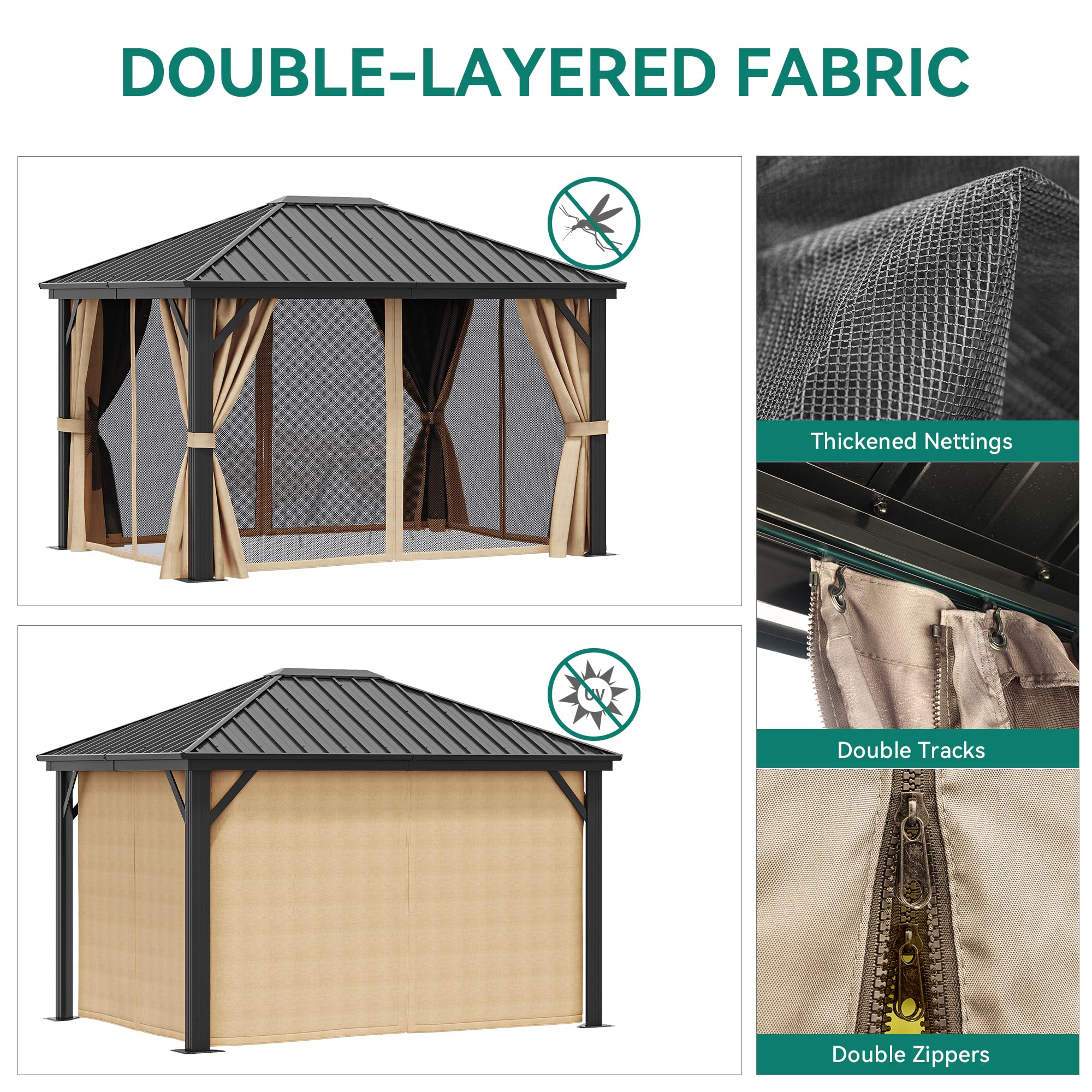 YITAHOME 10x12ft Hardtop Gazebo with Nettings and Curtains, Heavy Duty Galvanized Steel Outdoor Vertical Stripes Roof for Patio, Backyard, Deck, Lawns, Brown