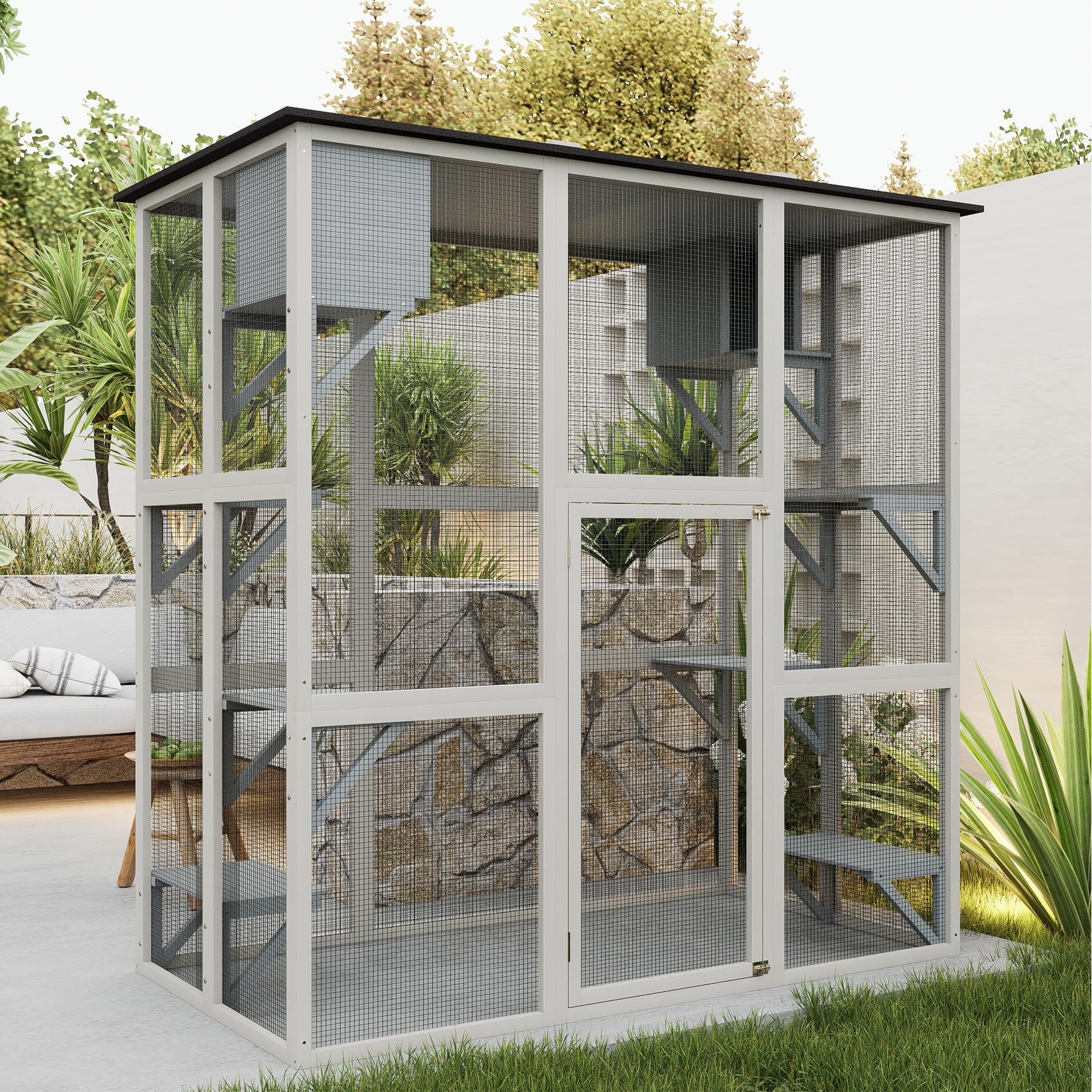 Catio Outdoor Cat Enclosure, Large Walk in Cat Cage, Wood Cat House for Cats with Six Platforms, Large Door, Waterproof Roof