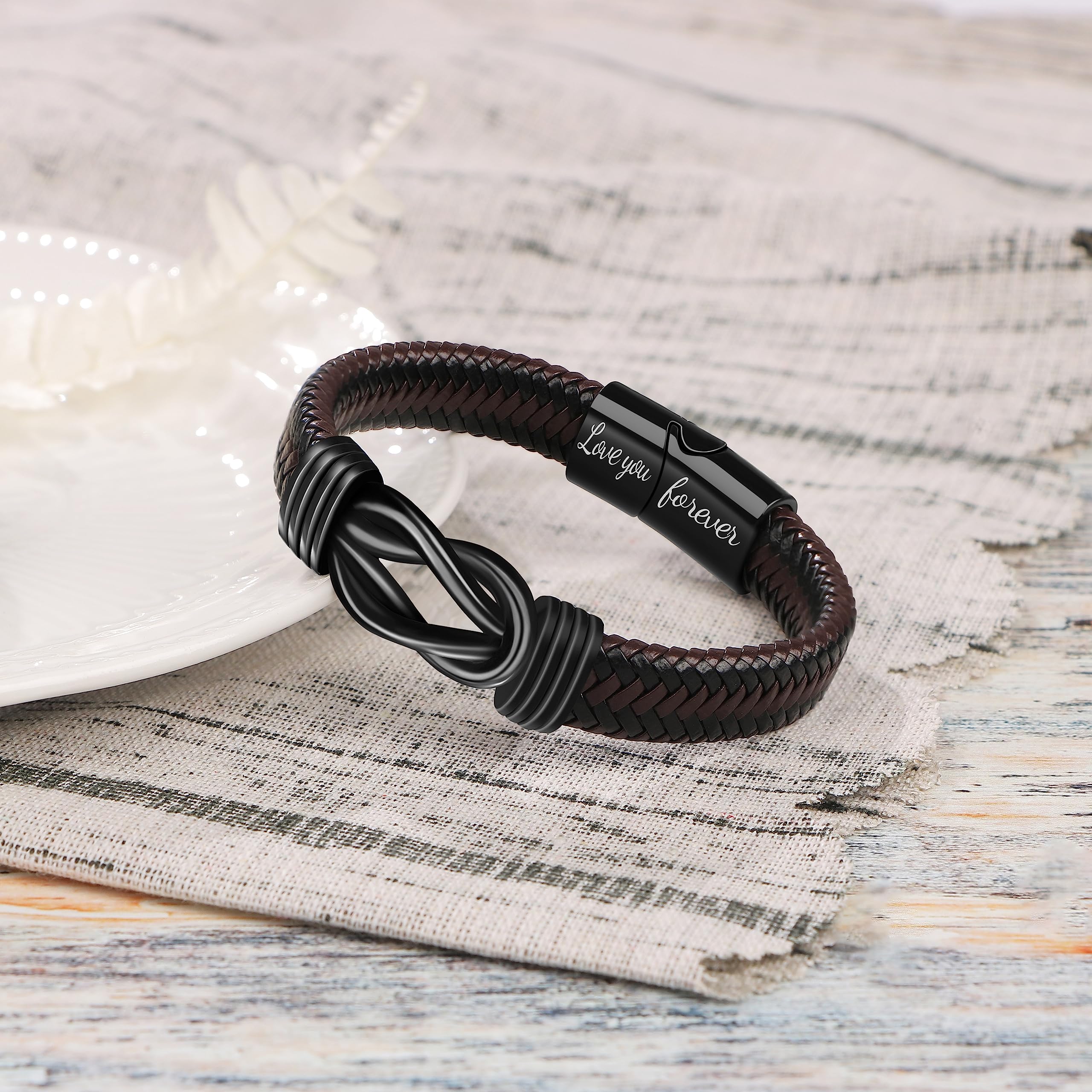 Gift for Men Infinity Bracelet for Men Dad Husband Boyfriend Son Grandson Brother Nephew Uncle Brown Braided Leather Forever Linked Together Stainless Steel Engraved with Love You Forever Jewelry