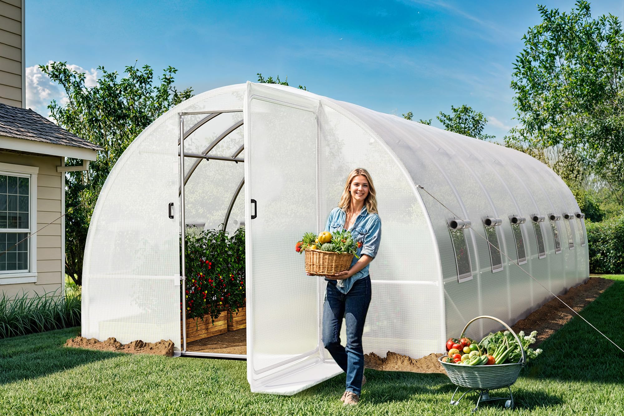 YITAHOME 26x10x7ft Greenhouse Extra Large Heavy Duty Large 2 Swing Doors Walk-in Greenhouses Tunnel Green Houses Outdoor 14 Windows Gardening Upgraded Galvanized Steel Garden, White