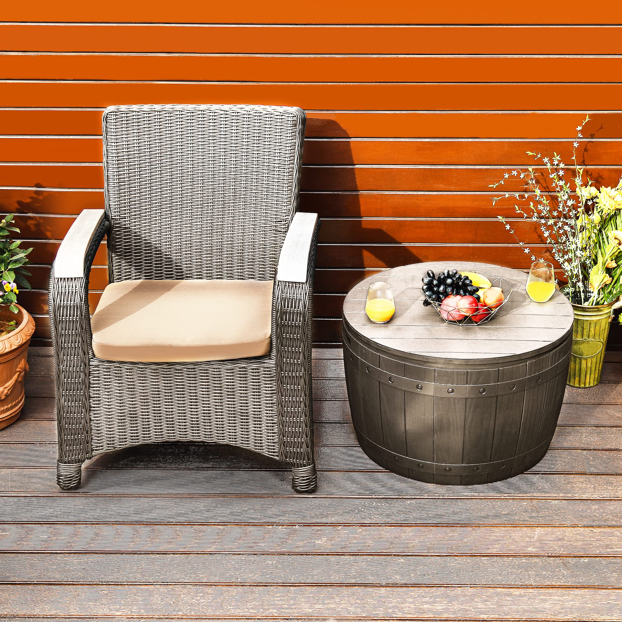 YITAHOME 33 Gallon Round Deck Box, Outdoor Storage Box for Patio Furniture,Patio Table for Cushion, Pool Accessories, Waterproof Resin & Easy Assembly & Lightweight, Light Brown