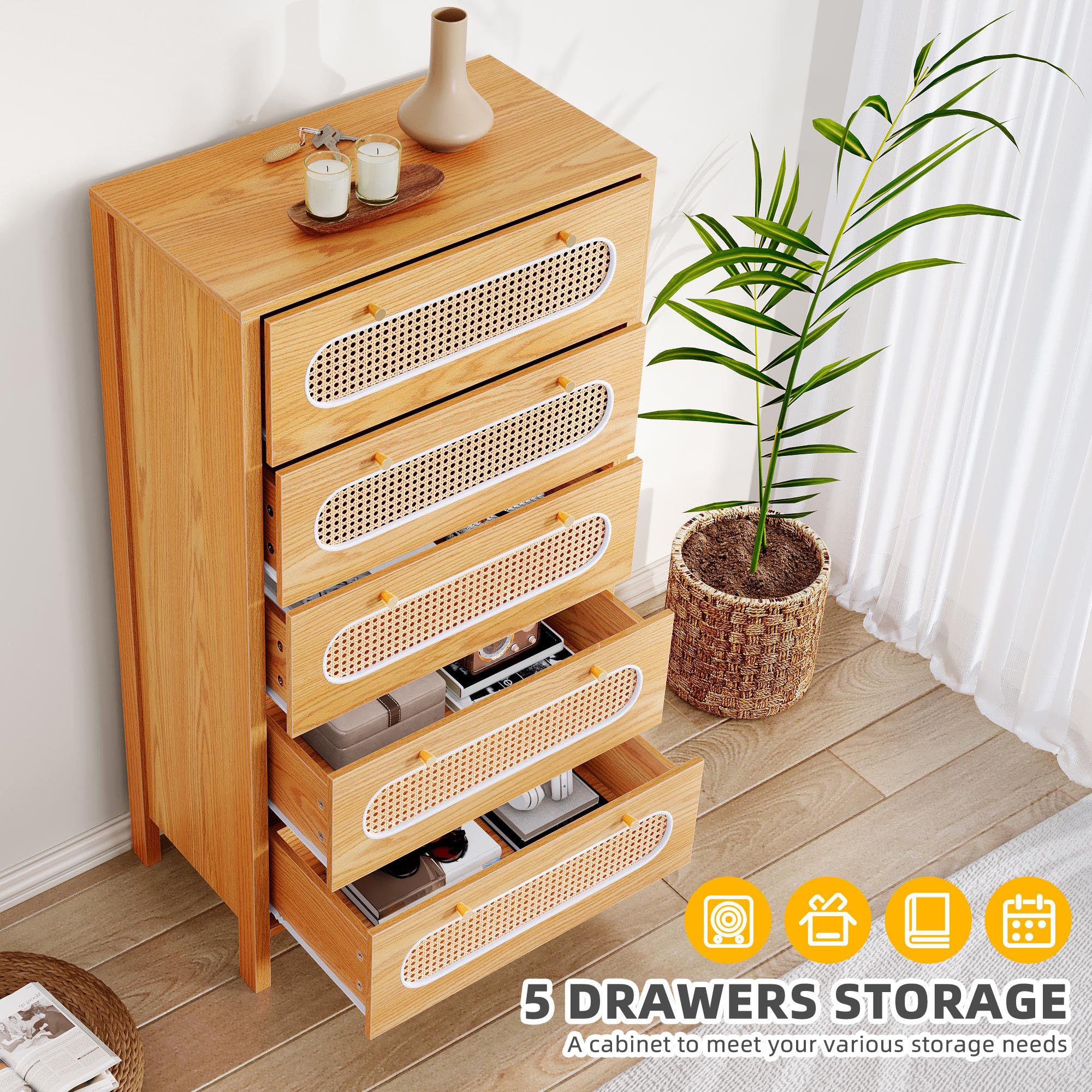 DWVO 47" Tall Natural Rattan 5 Drawer Dresser, Boho Dresser Chest of Drawers with Golden Handles, Wood Dresser Storage Cabinet for Hallway, Entryway, Hold up to 300lbs, Oak