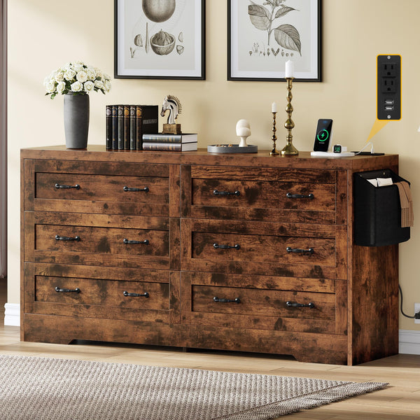 DWVO Farmhouse 6 Drawer Dresser for Bedroom, 31.5 Inch Tall Modern Dresser TV Stand with Large Drawers & Bar Handles, Storage Dressers with Power Outlets, Rustic Wood Chest of Drawers, Rustic Brown