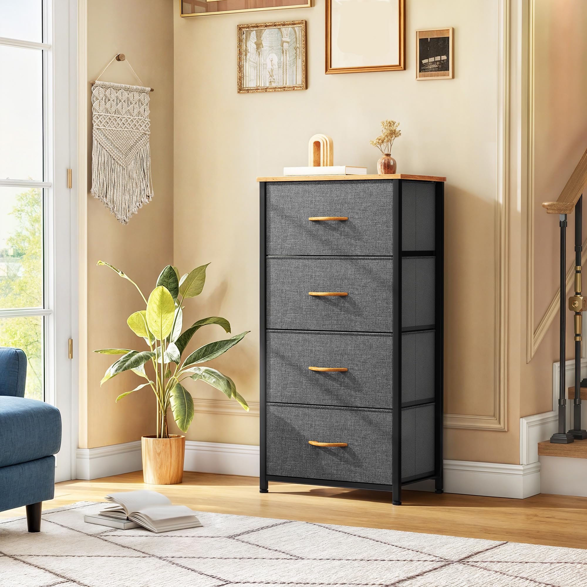 DWVO 4 Drawers Dresser, Small Dresser, Fabric Storage Tower, Chest of Drawers, Organizer Unit for Closets, Living Room, Sturdy Steel Frame, Wooden Top, Easy Pull Handle