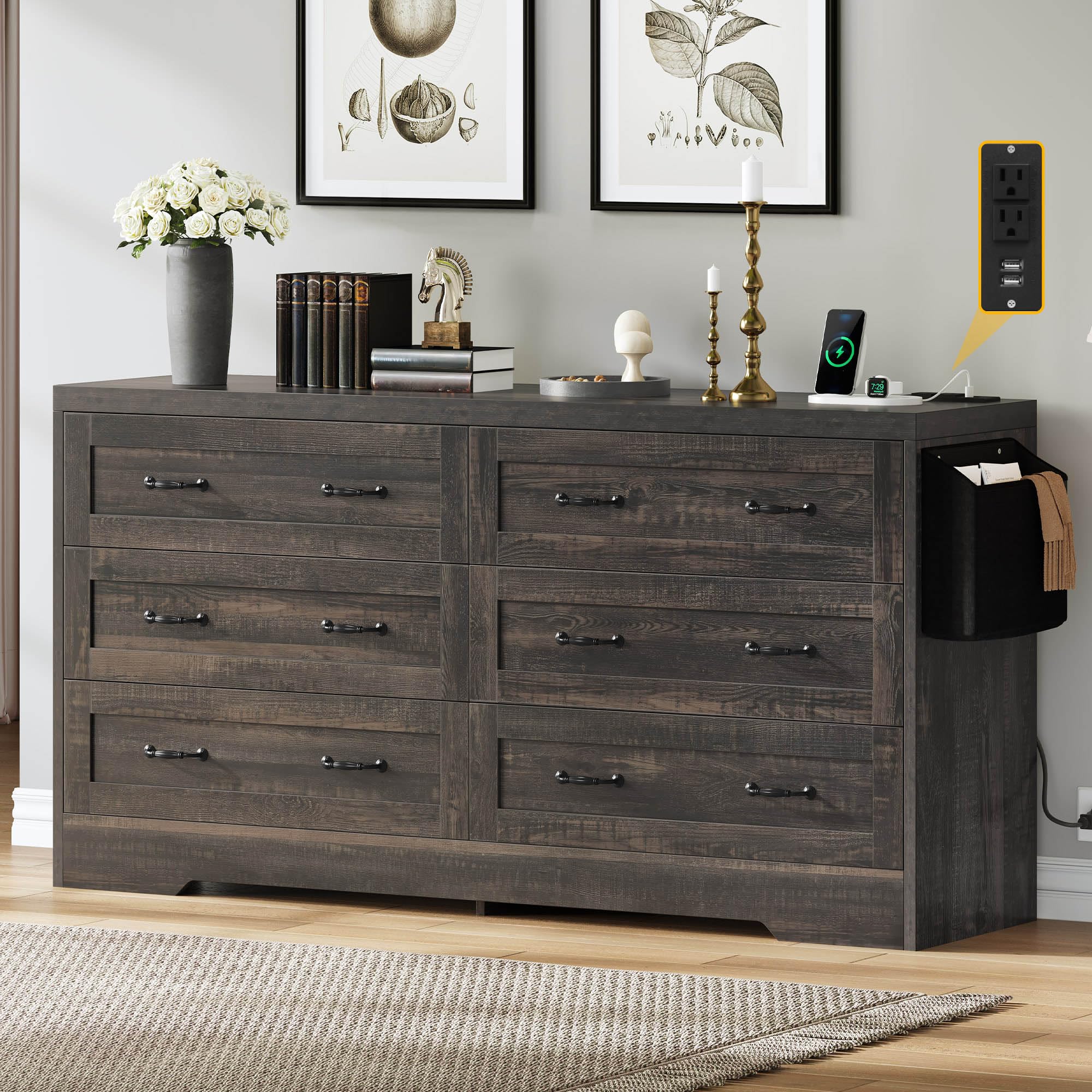 DWVO Farmhouse 6 Drawer Dresser for Bedroom, 59" Wide Large Modern Dresser TV Stand with Drawers & Bar Handles, Storage Dressers with Power Outlets, Rustic Wood Chest of Drawers, Rustic Oak