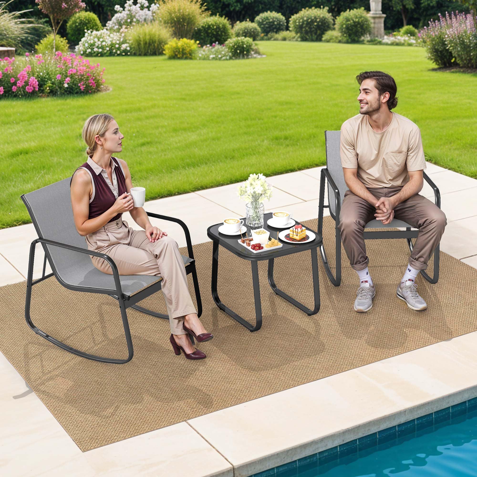 YITAHOME 3 Piece Patio Furniture Set, Small Outdoor Conversation Set with Textilene Fabric Bistro Rocking Chairs and Glass Table for Balcony Backyard Lawn Porch Garden Poolside (Grey)