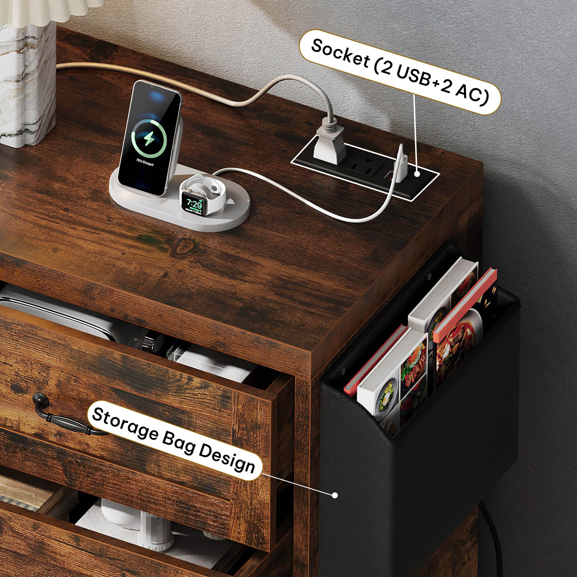 DWVO 7 Drawer Dresser for Bedroom, 60 Inch Large Modern Dresser TV Stand with Drawers & Bar Handles, Storage Dressers with Power Outlets, Rustic Wood Chest of Drawers, Farmhouse,Upgraged Rustic Brown
