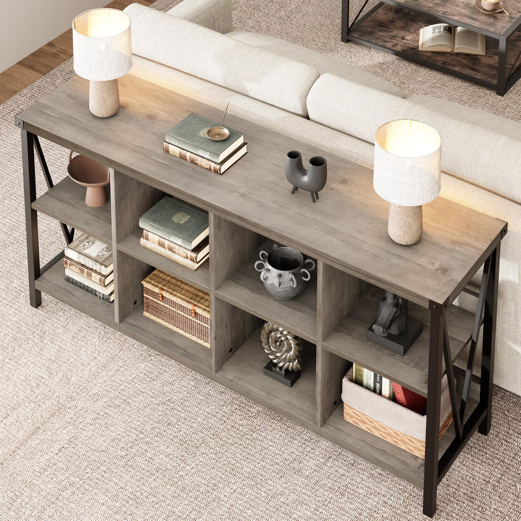 GarveeHome 8 Cube Storage Organizer Bookshelf, 3 Tier Metal Horizontal Bookcase, 62 Inch Console Bookshelf, Industrial Storage Bookcase for Entryway, Long Low Bookshelf for Living Room-Grey