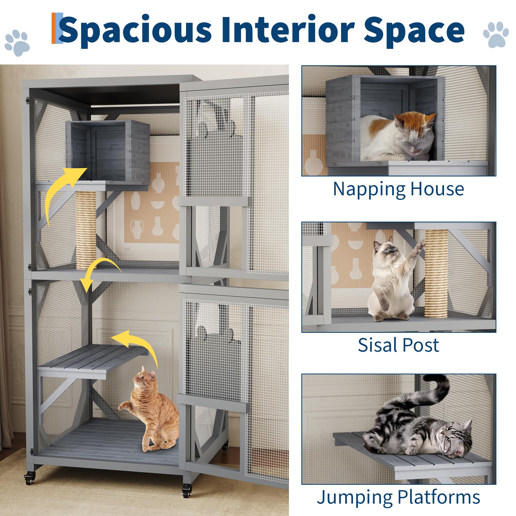 Outdoor Cat Enclosure On Wheels, 68'' Window Catio Kitty House with Weatherproof Roof, 4 Platforms, Resting Box and Scratch Post, Portable Cat Playpen Feral Cats Shelter Grey