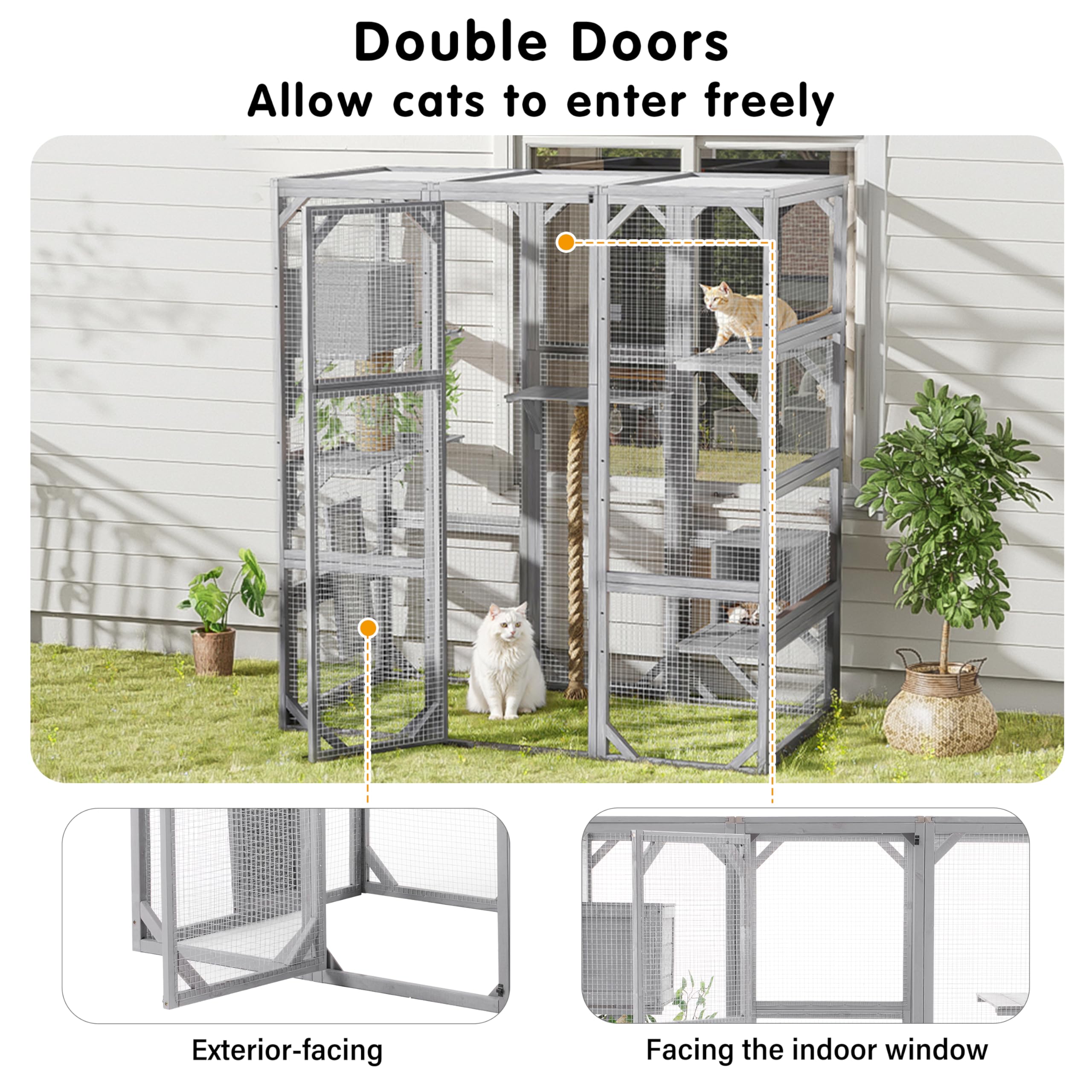 Outdoor Cat House Large Cat Enclosure, Window Catio Walk in Cage with Scratching Post, Platforms and 2 Condos, Cattery Outside Patio Cat Playpen for Mulitiple Cats