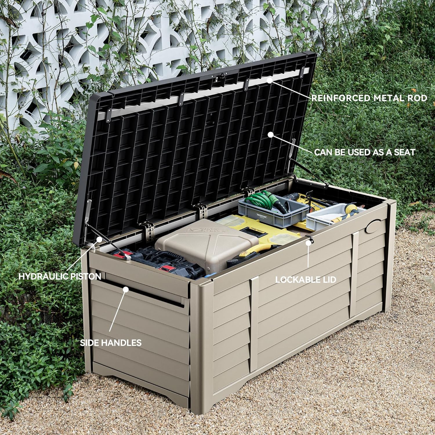 DWVO Large Deck Box 120 Gallon Waterproof Outdoor Storage Box, Extra Large Outdoor Bin, Resin Louvered Patio Storage for Pillows, Garden Tools & Pool Supplies, Lockable, Black&Brown