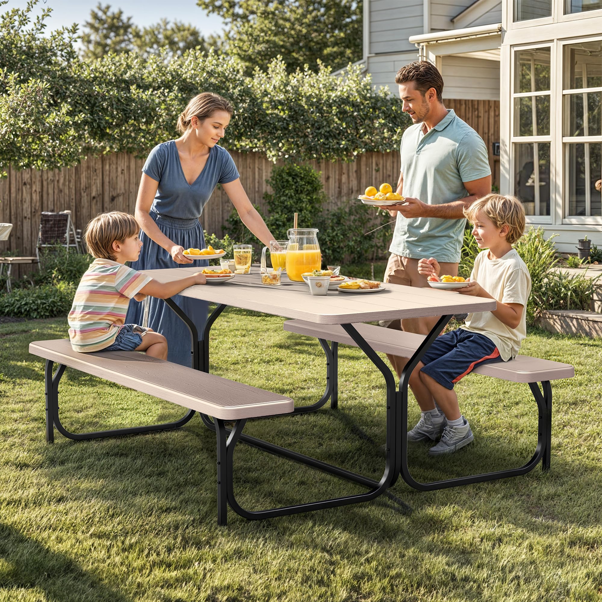 DWVO 6FT Picnic Table, Heavy Duty Outdoor Picnic Table and Bench w/Umbrella Hole, Resin Tabletop & Stable Steel Frame Ideal for Yard Patio Lawn Party, Light Brown
