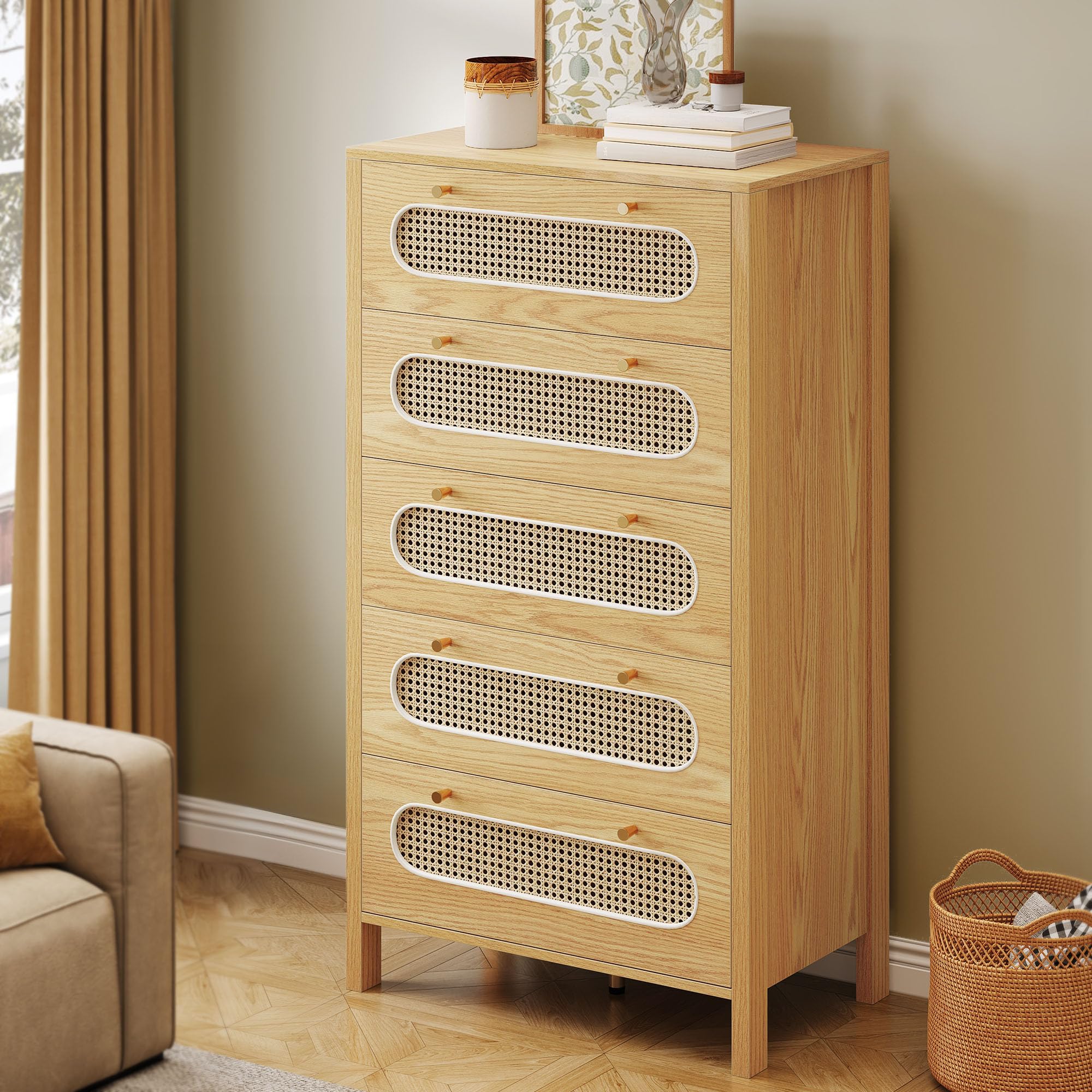 GOOBED Natural Rattan 5 Drawer Dressers Wooden Chest of Drawers with Golden Handles - Modern Large Boho Dressers Storage Cabinet for Living Room Hallway/Entryway Oak Nature