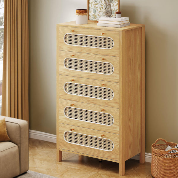 GOOBED Natural Rattan 5 Drawer Dressers Wooden Chest of Drawers with Golden Handles - Modern Large Boho Dressers Storage Cabinet for Living Room Hallway/Entryway Oak Nature