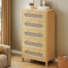 GOOBED Natural Rattan 5 Drawer Dressers Wooden Chest of Drawers with Golden Handles - Modern Large Boho Dressers Storage Cabinet for Living Room Hallway/Entryway Oak Nature