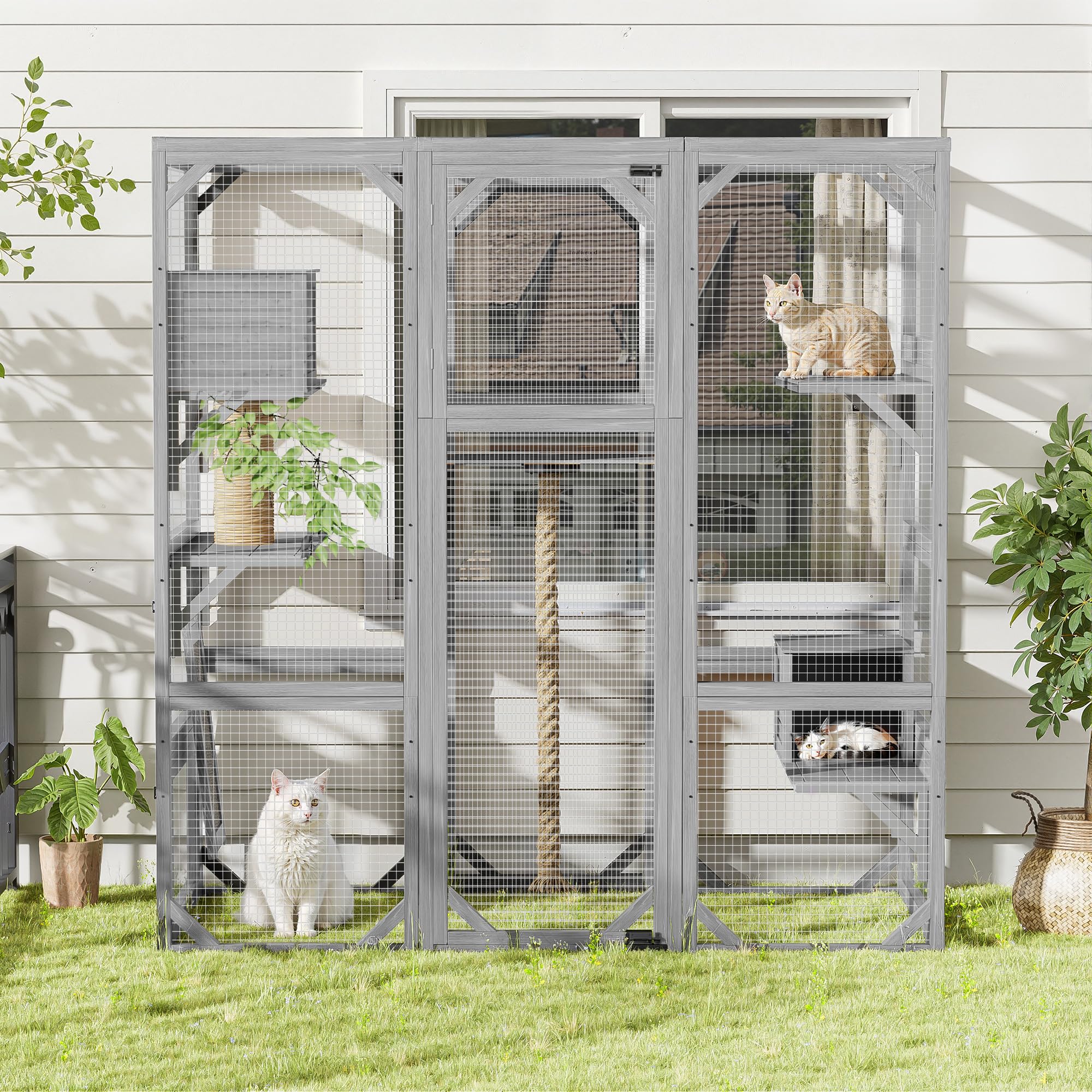 Outdoor Cat House Large Cat Enclosure, Window Catio Walk in Cage with Scratching Post, Platforms and 2 Condos, Cattery Outside Patio Cat Playpen for Mulitiple Cats