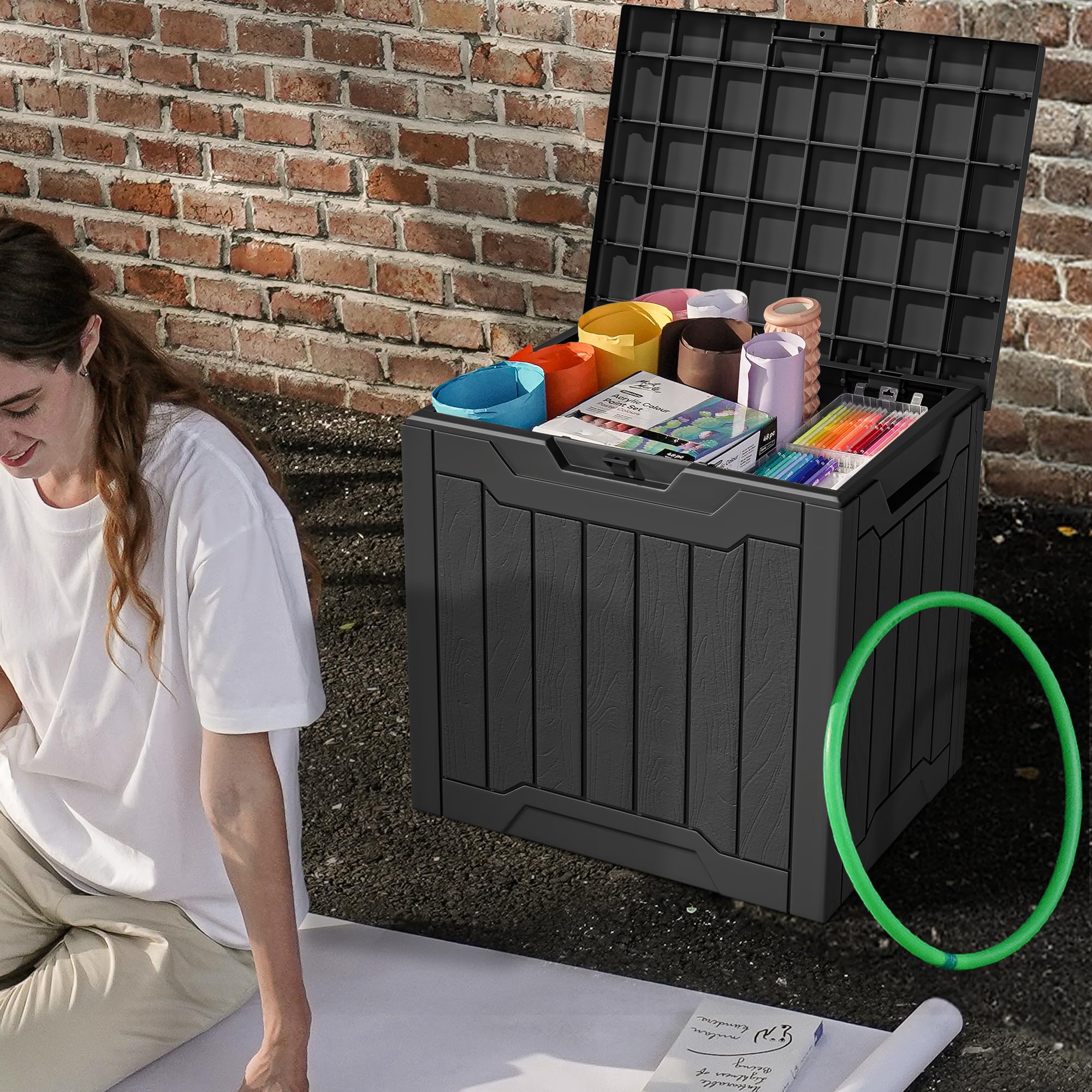 DWVO 30 Gallon Outdoor Storage Box with Side Handles and Lockable Lid, Weatherproof Resin Deck Box for Patio, Cushions, Garden Tools, and Supplies - Black
