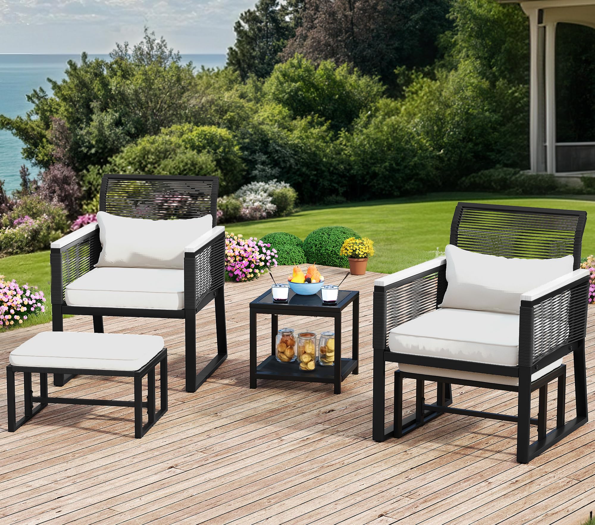 DWVO Patio Bistro Set, 5-Piece Wicker Furniture Set with Armchairs and Tempered Glass Coffee Table, Outdoor Conversation Sectional with Ottoman for Outdoors, Black