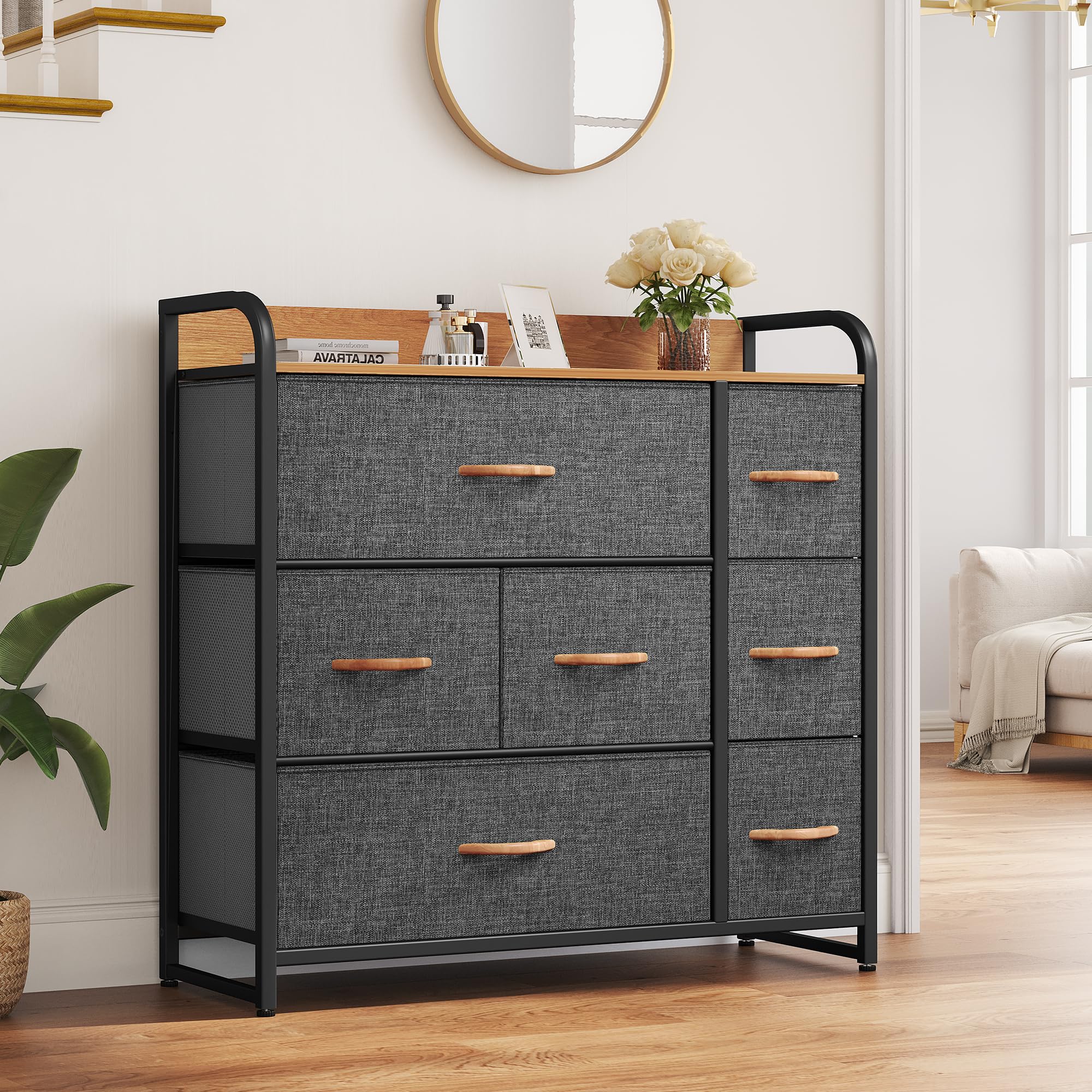 DWVO Fabric Dresser with 7 Drawers, Black Dresser & Chest of Drawers, Storage Tower with Large Capacity, Organizer Unit for Bedroom, Living Room & Closets