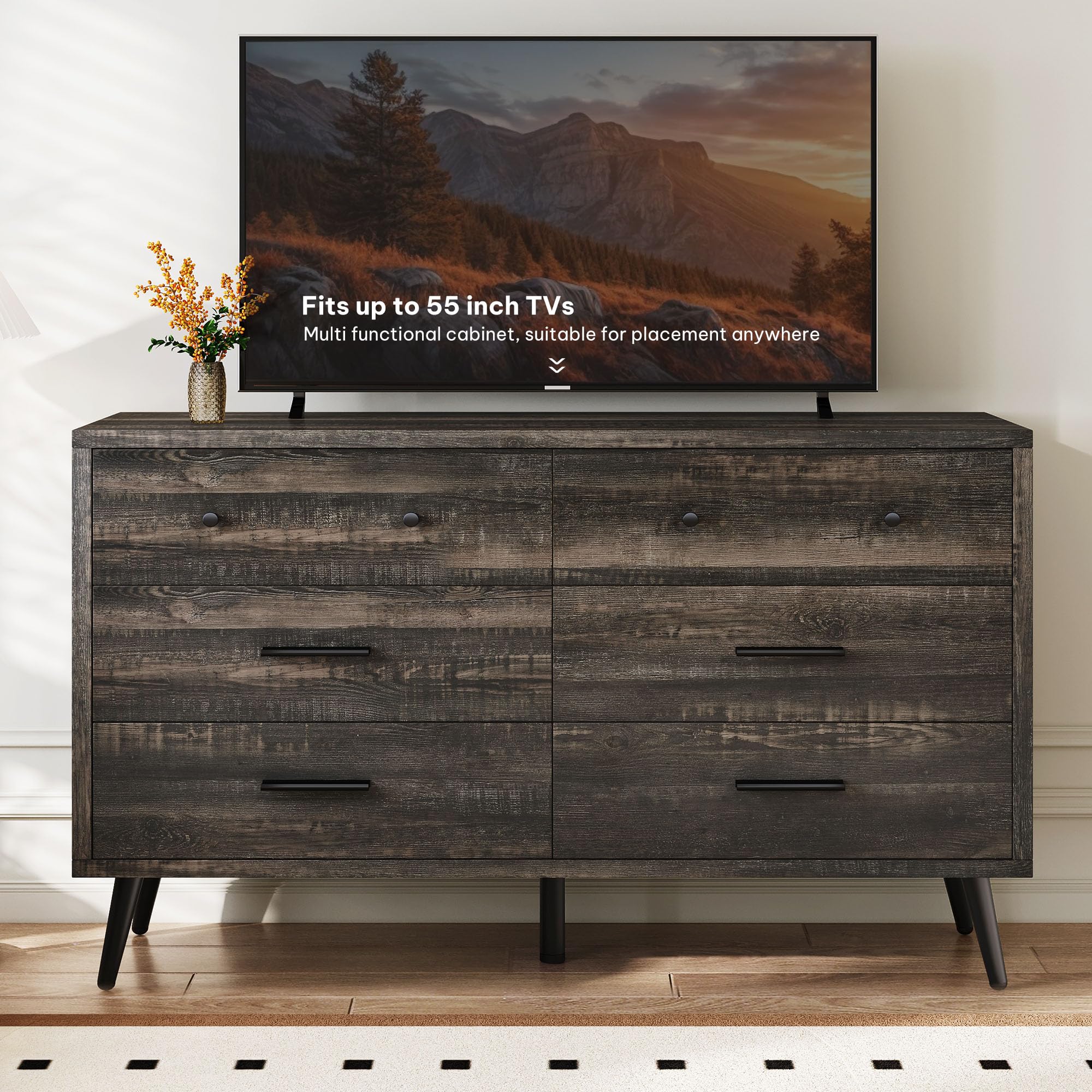 DWVO 6-Drawer Dresser, Wood Storage Cabinet with Black Metal Handles & Anti-Tip Design, Modern Chest of Drawers for Living Room, Bedroom, or Hallway-Dark Rustic Oak