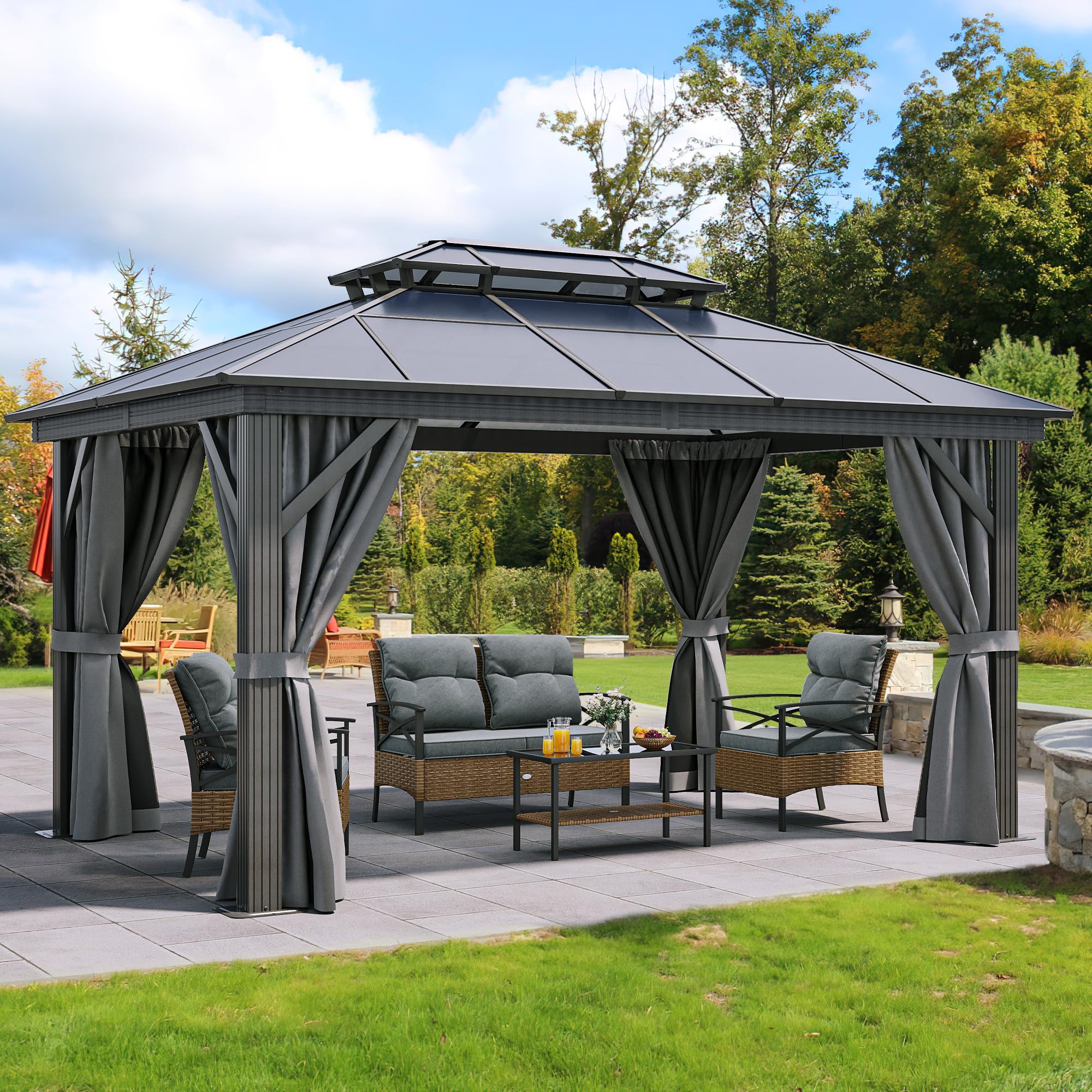 YITAHOME 10X12FT Hardtop Gazebo Outdoor Polycarbonate Patio Double Top Canopy Galvanized Iron Aluminum Column Garden Tent Curtains Netting for Backyards Decks Lawns,Gray