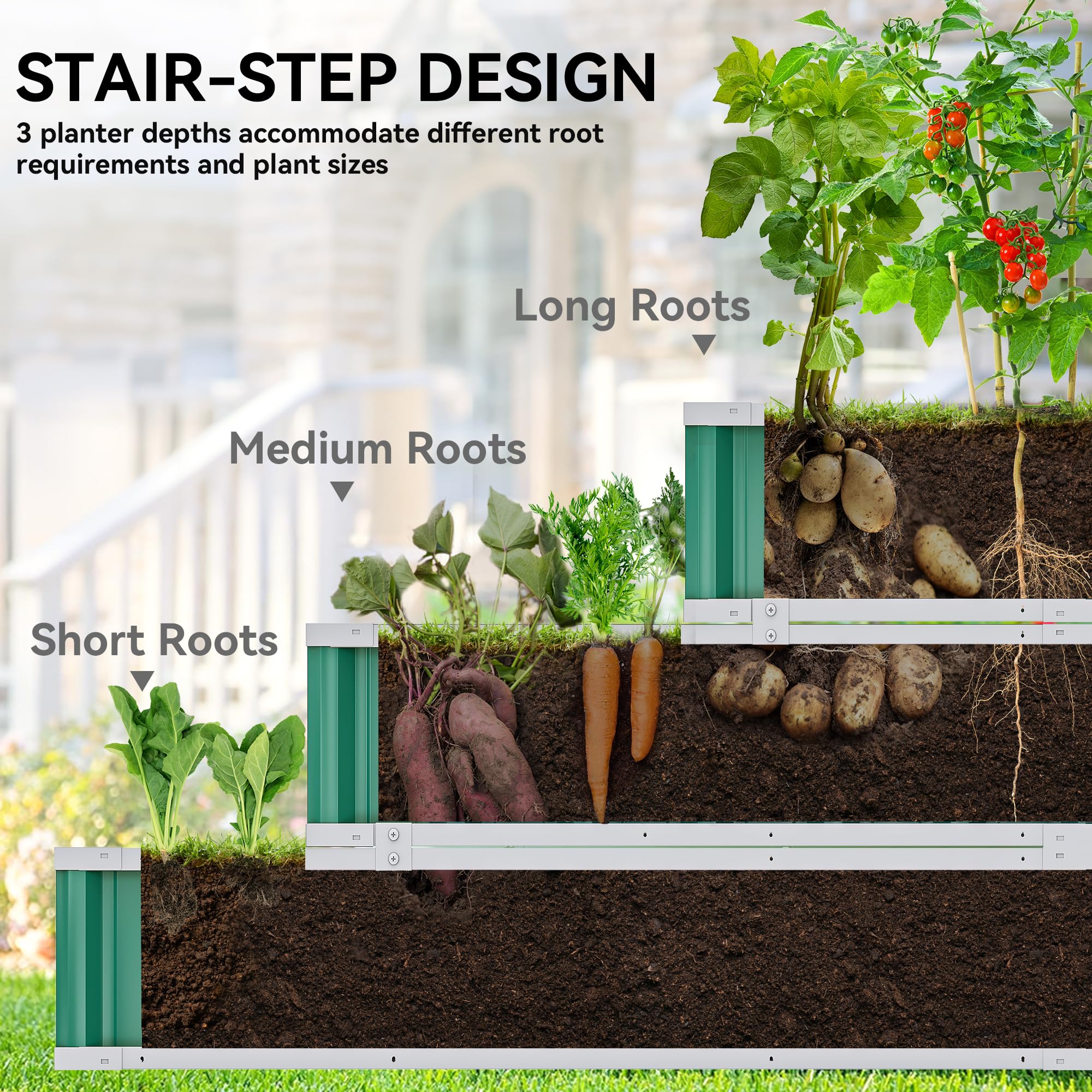 YITAHOME 4x4x2FT 3 Tiers Large Raised Garden Bed, 3 Installation Methods for DIY Outdoor Metal Patio Planter Box with Gloves and Reinforced Frame for Deep-Rooted Plants Vegetables Flowers (Green)