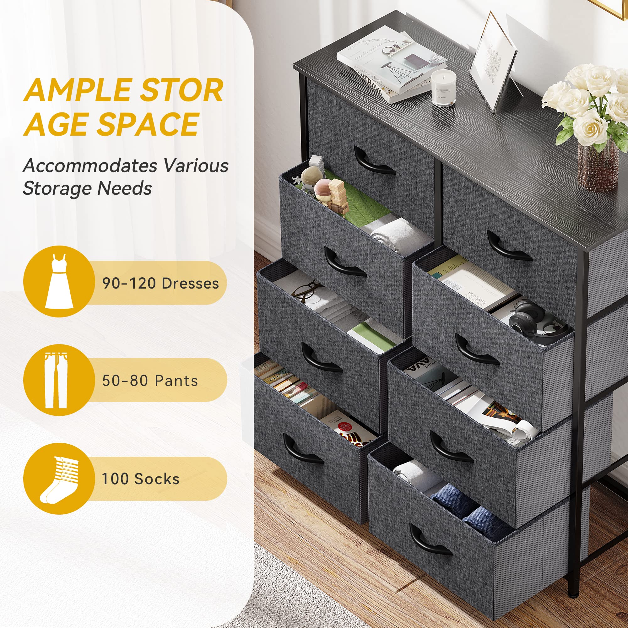 DWVO Dresser for Bedroom, Fabric Tower with 8 Drawers, Tall Dresser, Chest of Drawers for Closet, Living Room, Sturdy Steel Frame, Wooden Top, Easy Pull Handle, Black Ash