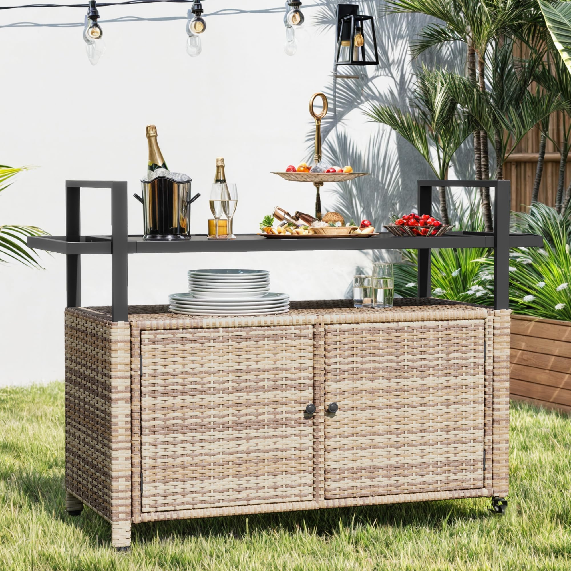 DWVO Patio Storage Cabinet,Outdoor Bar Cart with Glass Top,Outdoor Storage Table with Wheels for Patio, Poolside and Backyard,Light Brown