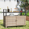 DWVO Patio Storage Cabinet,Outdoor Bar Cart with Glass Top,Outdoor Storage Table with Wheels for Patio, Poolside and Backyard,Light Brown