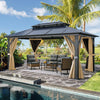YITAHOME 10x13FT Gazebo Polycarbonate Event Shelters Double Roof Canopy Outdoor with Netting and Shaded Curtains, Aluminum Frame for Patio, Backyard, Deck and Lawns, Brown
