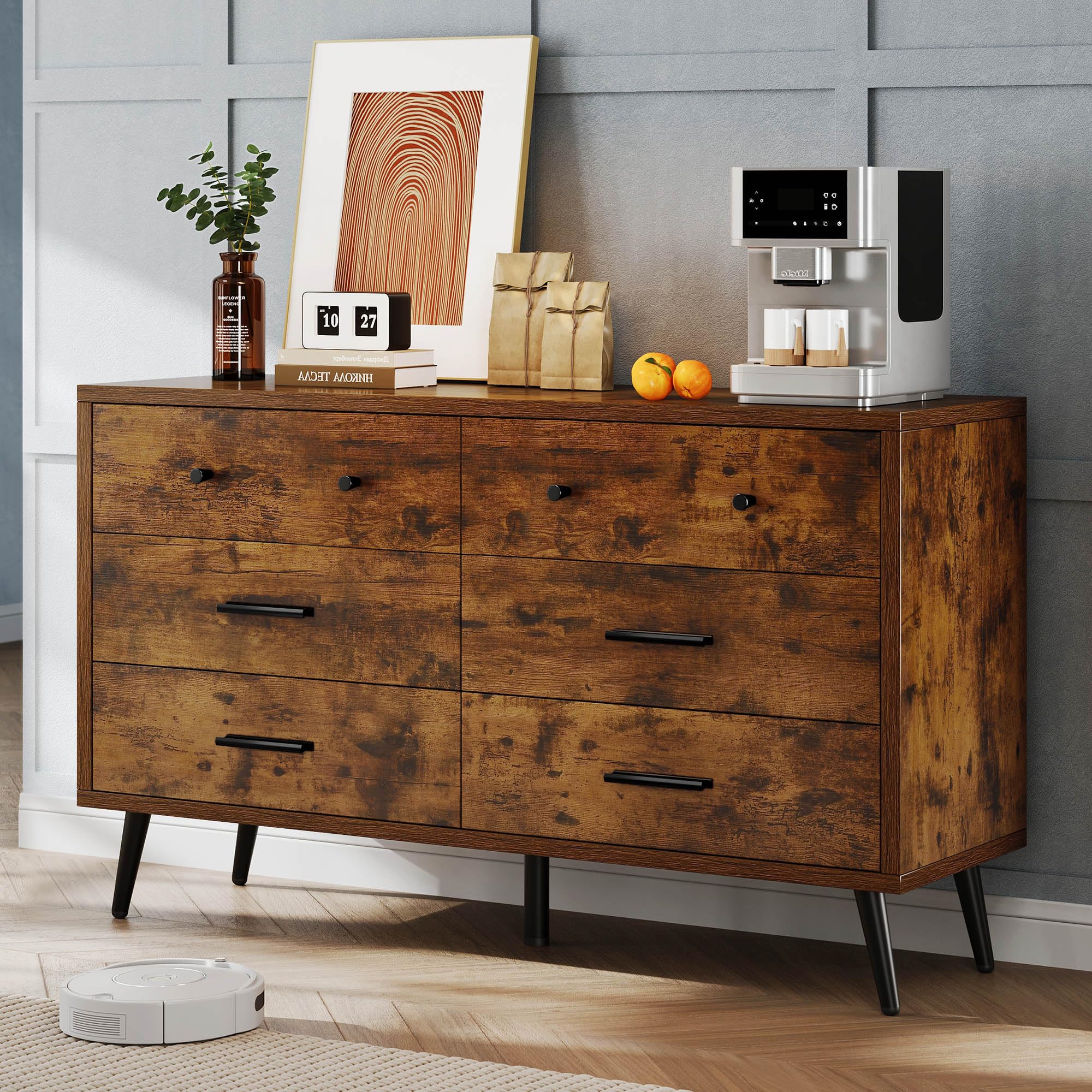 DWVO Rustic Brown 6 Drawer Dresser, 47" W Large Double Dresser Chest of Drawers, Modern Wood Storage Organizer with Black Metal Handles & Anti-Tipping Device for Hallway, Entryway