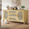 DWVO TV Stand 3 Drawer Dressers Storage Cabinet Natural Rattan Oak Wooden Chest with Golden Handles - Modern Large Closet Boho for Living Room/Hallway/Entryway