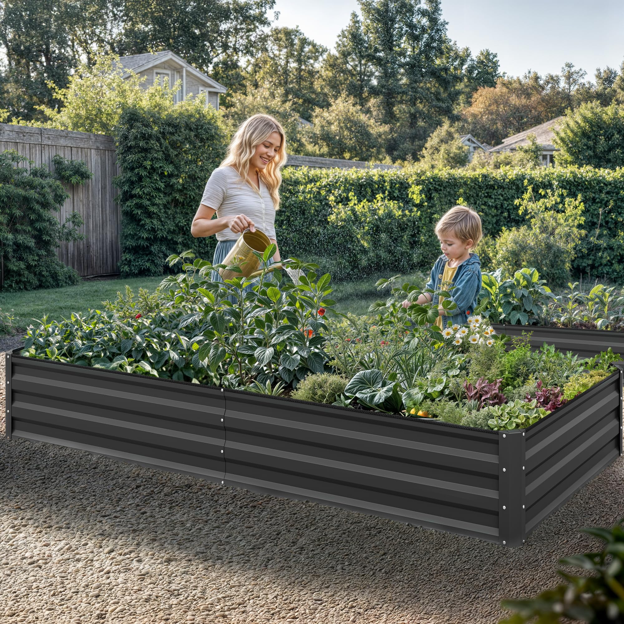 YITAHOME 8x4x1ft 2pcs Large Raised Garden Bed Kit, Galvanized Metal Planter Box with Gloves, Ground Nails & Safety Rubber, Outdoor Above Ground Planters for Plants Vegetables Flowers, Black