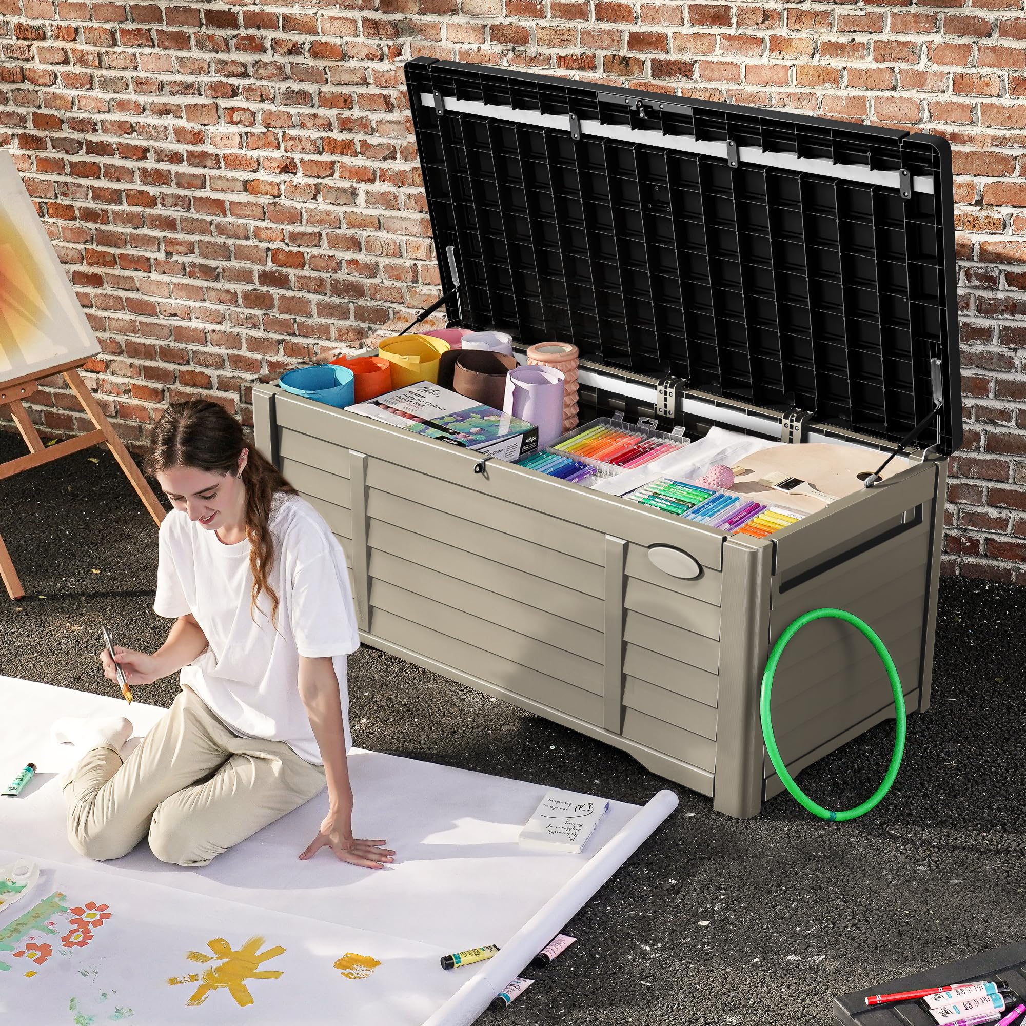 DWVO Outdoor Louver Storage Deck Box w/120 Gallon Capacity, Large Storage Box for Outdoor Pillows, Garden Tools and Pool Supplies, Resin, Waterproof, Lockable (Black & Brown)