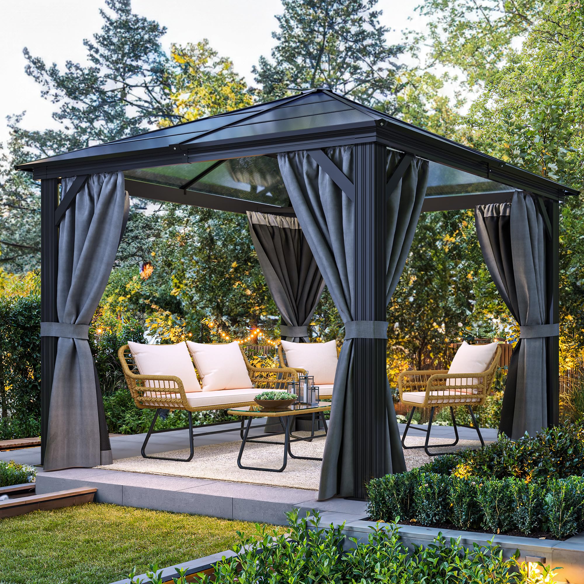 YITAHOME 10x10ft Gazebo Hardtop Outdoor Polycarbonate Canopy with Netting and Shaded Curtains, Aluminum Frame Garden Tent for Patio, Backyard, Deck and Lawns