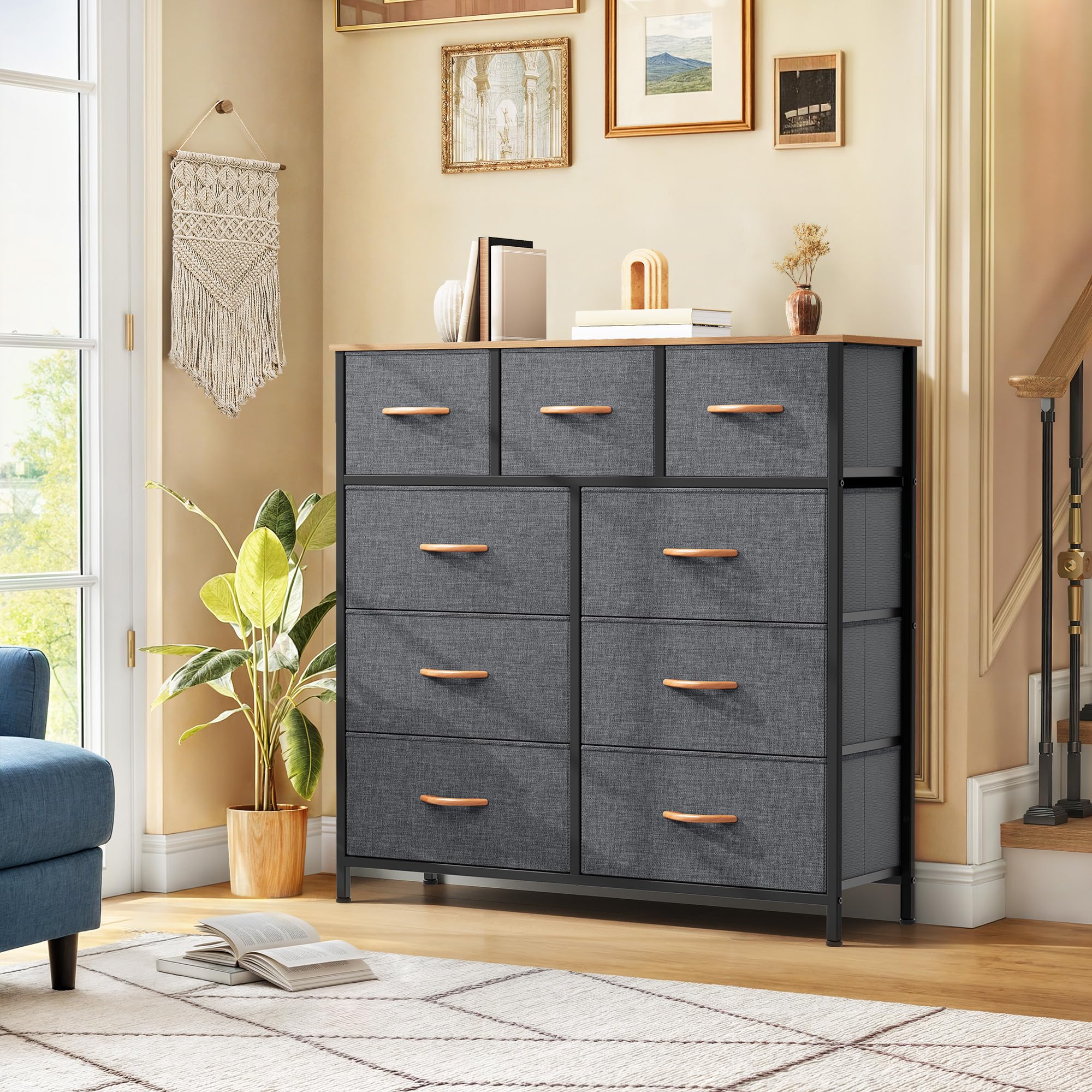 DWVO Dresser with 9 Drawers - Fabric Storage Tower, Organizer Unit for Living Room, Hallway, Closets - Sturdy Steel Frame, Wooden Top & Easy Pull Fabric Bins (Dark Black Grey)