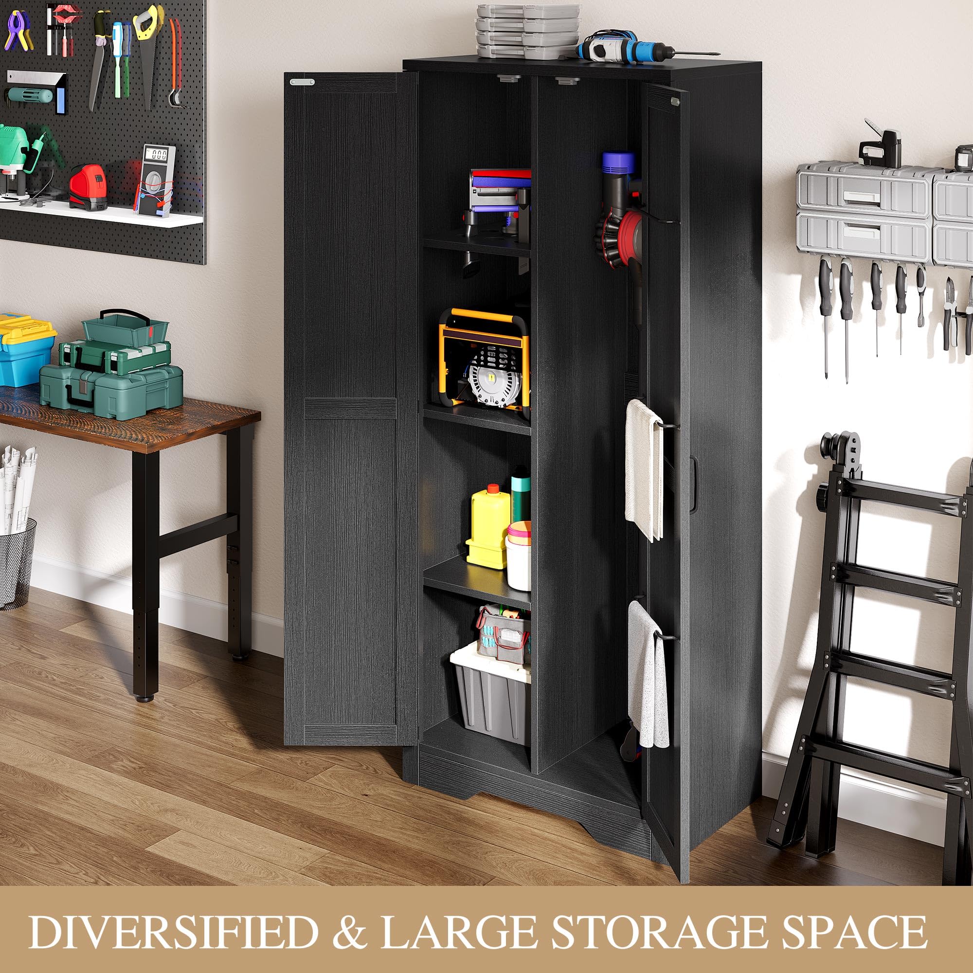 DWVO Wooden Storage Cabinet, Vacuum Cleaner Storage Compatible with Dyson Models, Utility Stand for Brooms and Mops, Cleaning Tool Cabinet with Doors for Garage, Office, Home