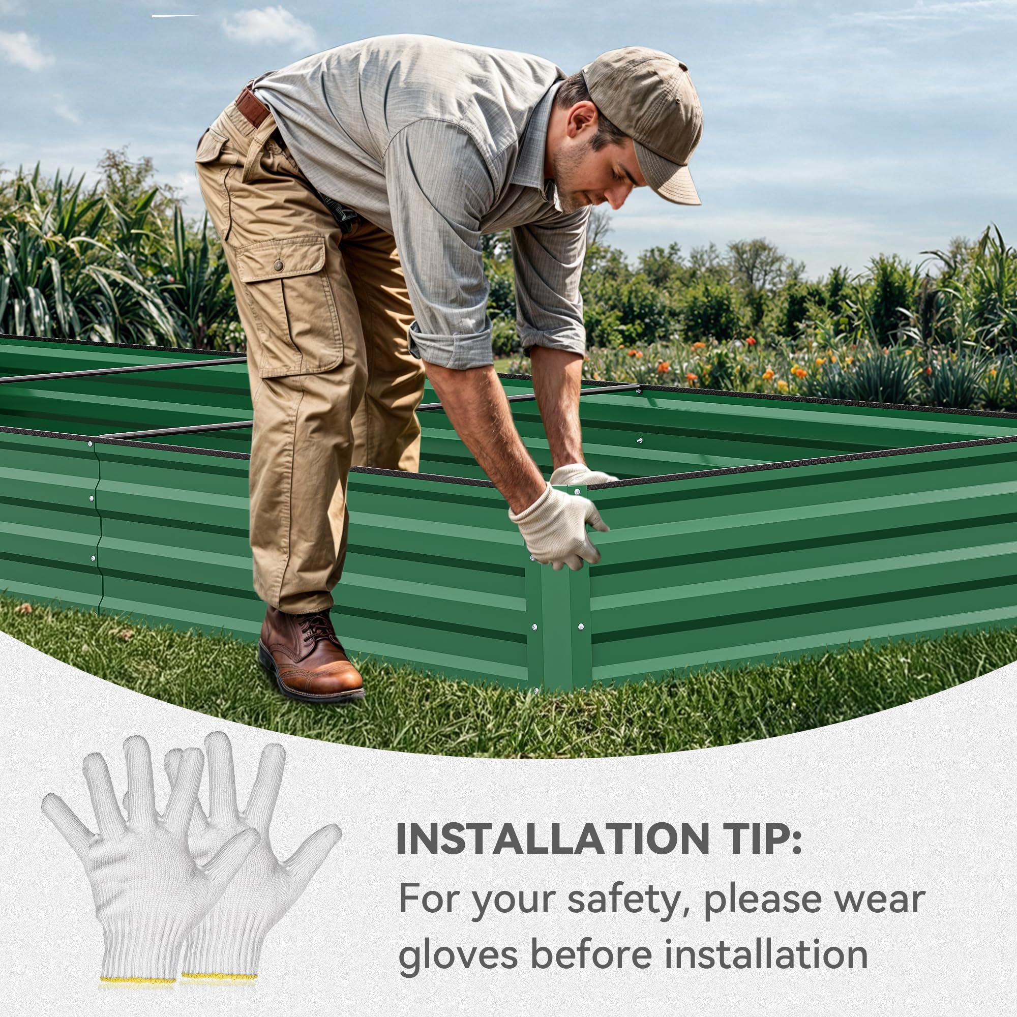 YITAHOME 12x4x1ft Large Raised Garden Bed Kit, Galvanized Metal Planter Box with Gloves, Ground Nails, Support Rod & Safety Rubber, Outdoor Above Ground Planters for Plants Vegetables Flowers, Green