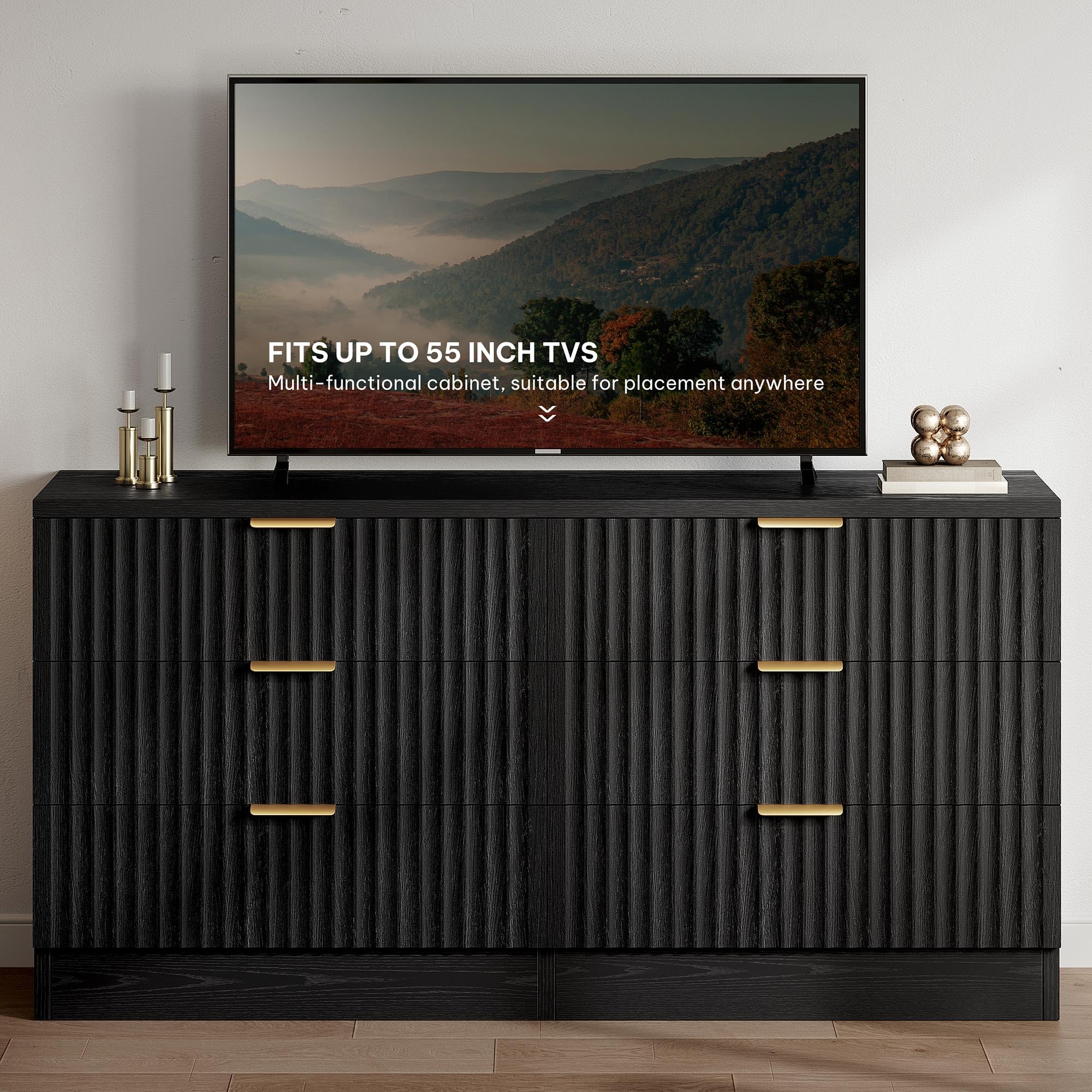 DWVO 6 Drawer Dressers, Chest of Drawers with Fluted Panel, Wide Versatile Storage Dresser Organizer for Living Room, Kitchen and Office, Black